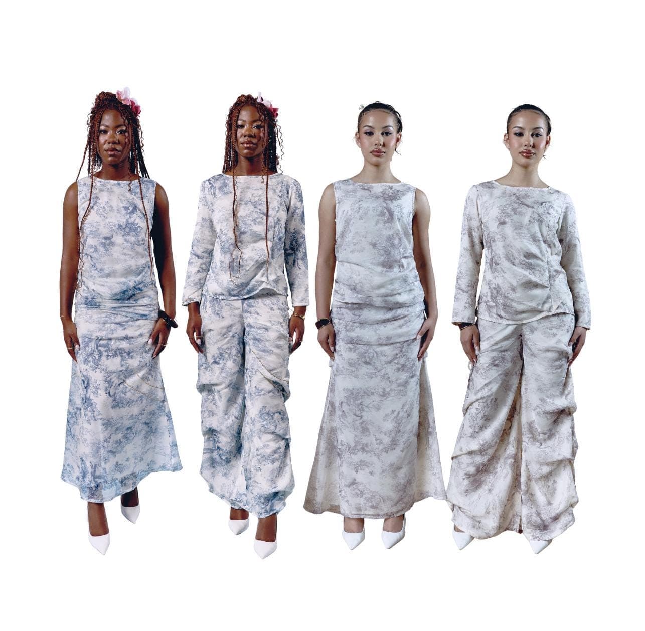 Draped Two-Piece Set: Marble Print Dress or Pants