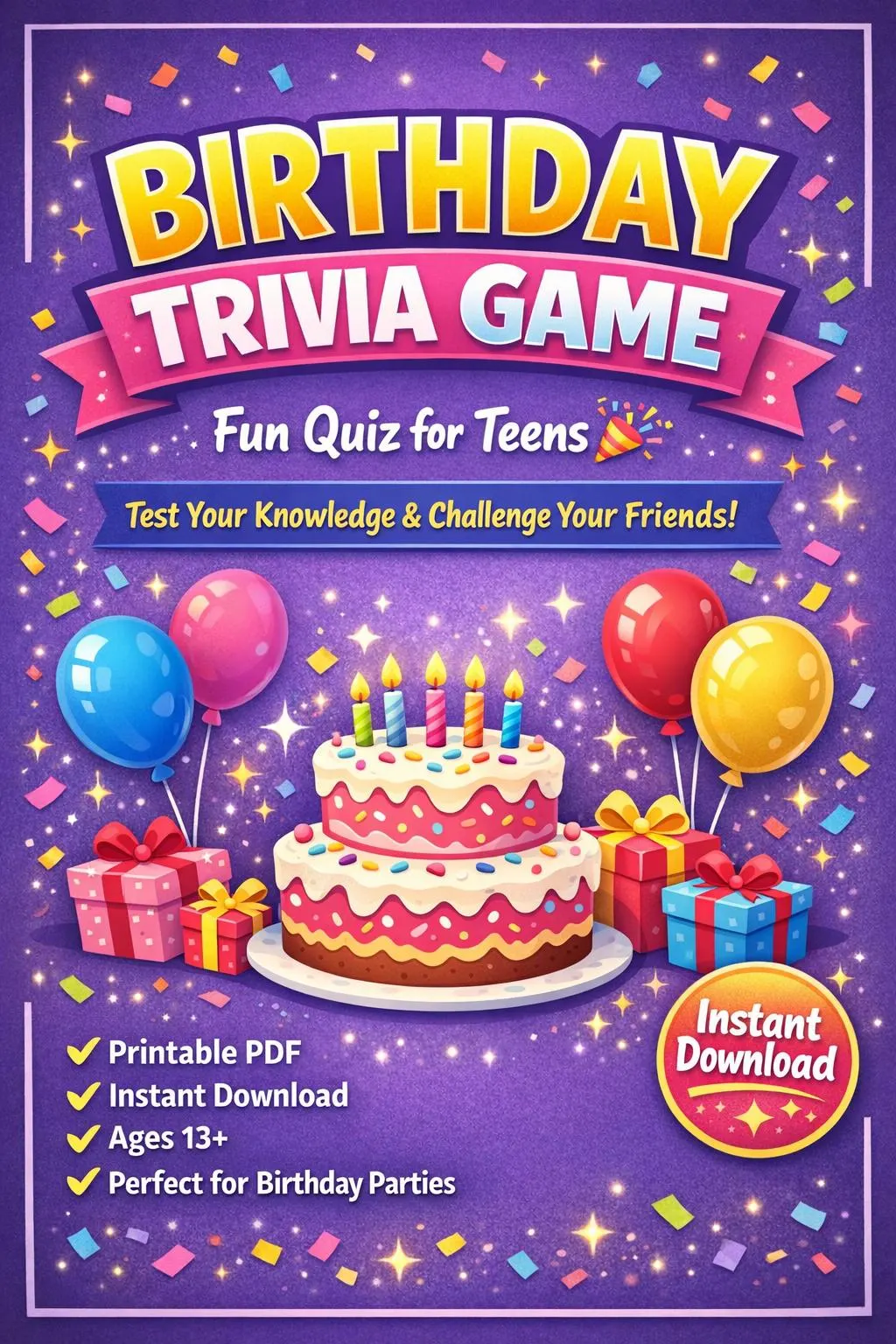 Teen Birthday Trivia Game, Party Quiz Activity (PDF Download)