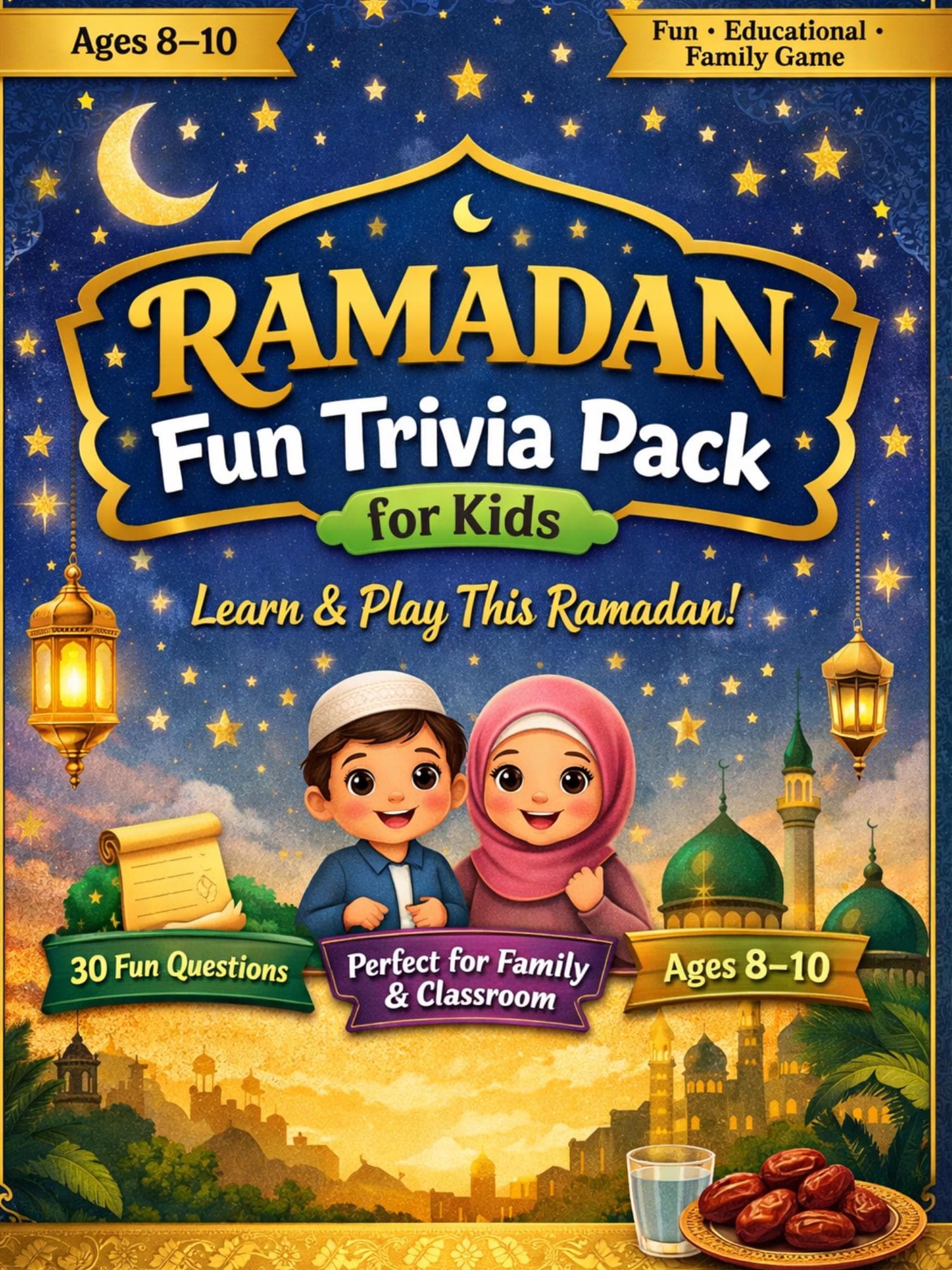 Ramadan Trivia Game for Kids, Islamic Quiz, Family Activity (Ages 8-10)