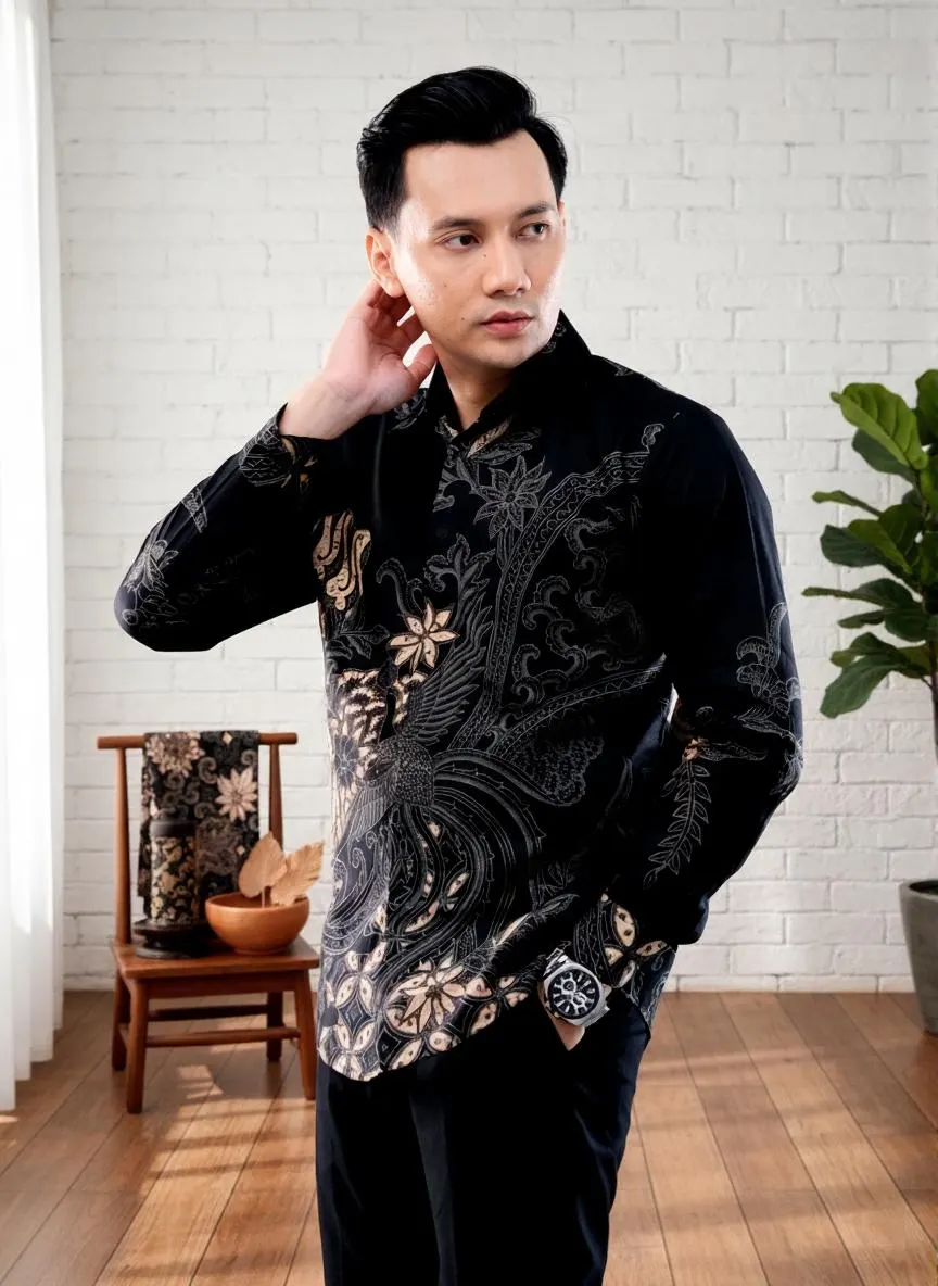 Men's Handmade Batik Shirt - Black Handara Peksi, Javanese Cotton - image 4