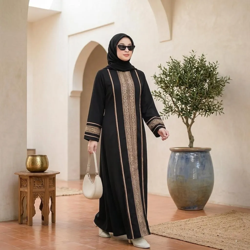 Black Turkish Abaya: Jetblack Kaftan with Beaded Embroidery for Modest Occasions