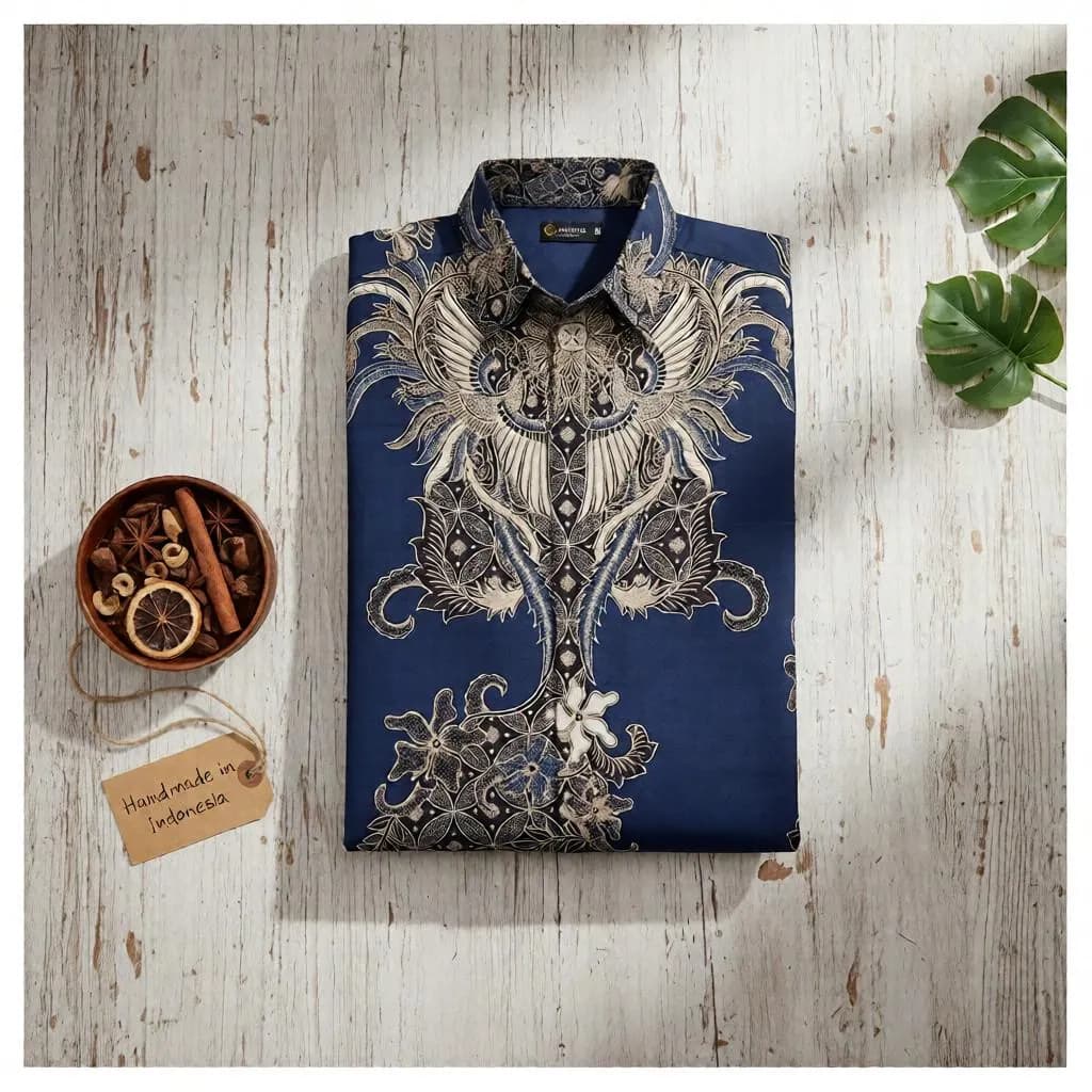 Men's Navy Batik Shirt, Slim Fit Long Sleeve Cotton Top, Nareswara Motif - image 2
