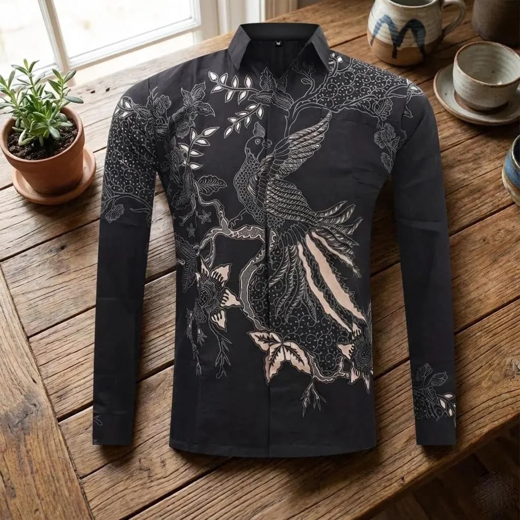 Indonesian Batik Shirt Men, Peksi Danuja Motif, Slim Fit Cotton