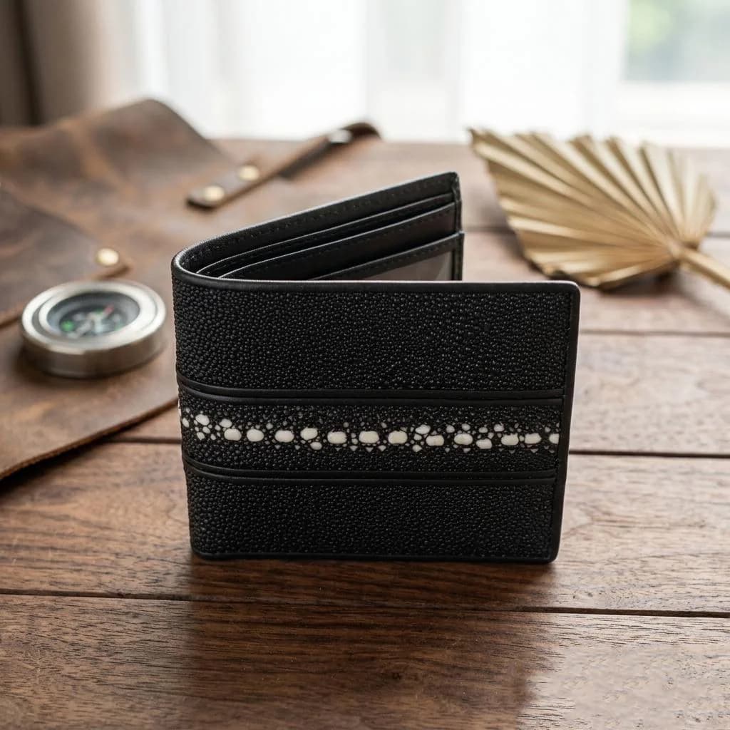 Genuine Stingray Leather Bifold Wallet, Row-Stone Spine Texture, Exotic Pearl Beads (11x9cm)