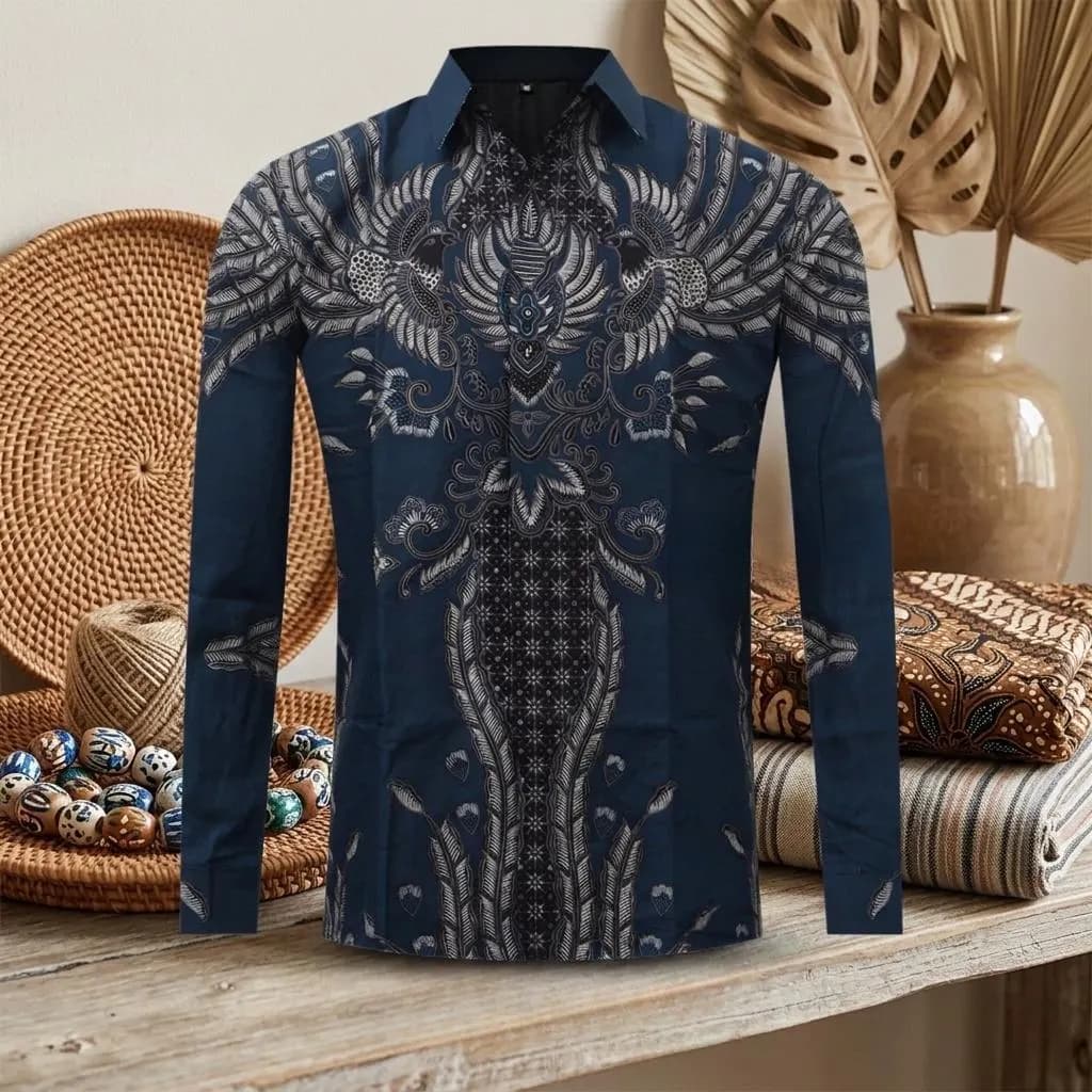 Handmade Indonesian Batik ,Elegant Navy Blue Pattern Cotton Formal Shirt with Lining, Ethnic Gif