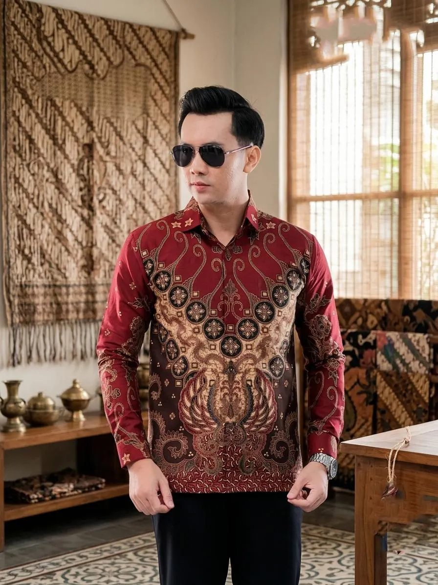 Men's Traditional Red Batik Shirt: Modern Cotton Button-Down, Formal Asian Ethnic Wear