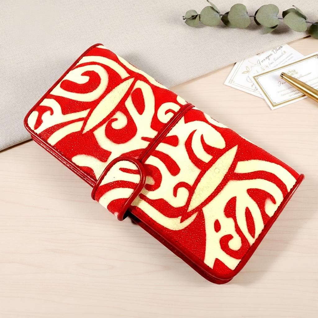 Handmade Stingray Leather Wallet, Red Borneo Batik Purse