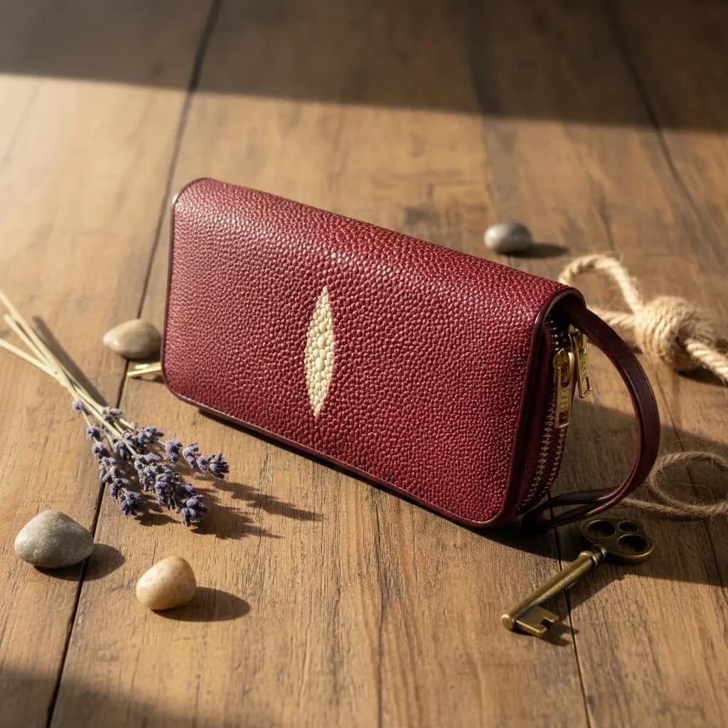 Maroon Stingray Leather Wallet, Handmade Exotic Clutch