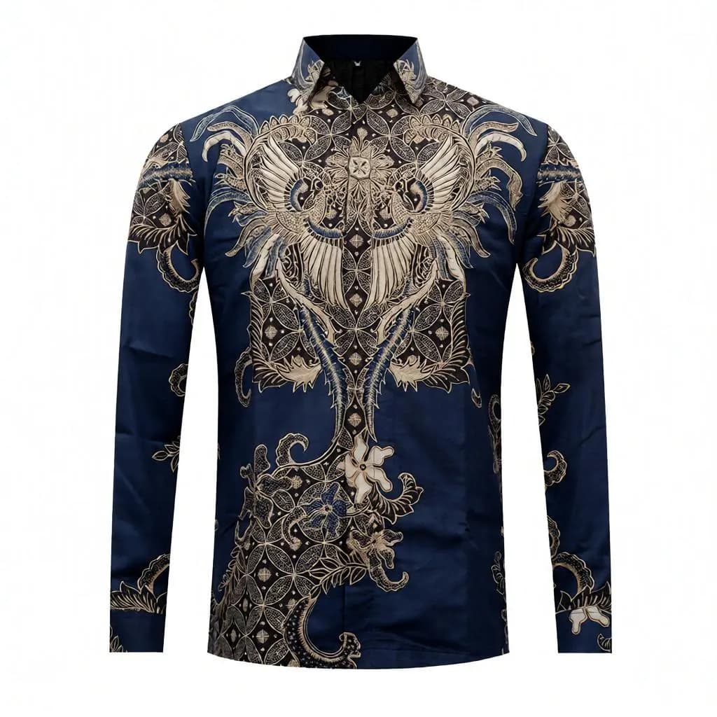 Men's Navy Batik Shirt, Slim Fit Long Sleeve Cotton Top, Nareswara Motif