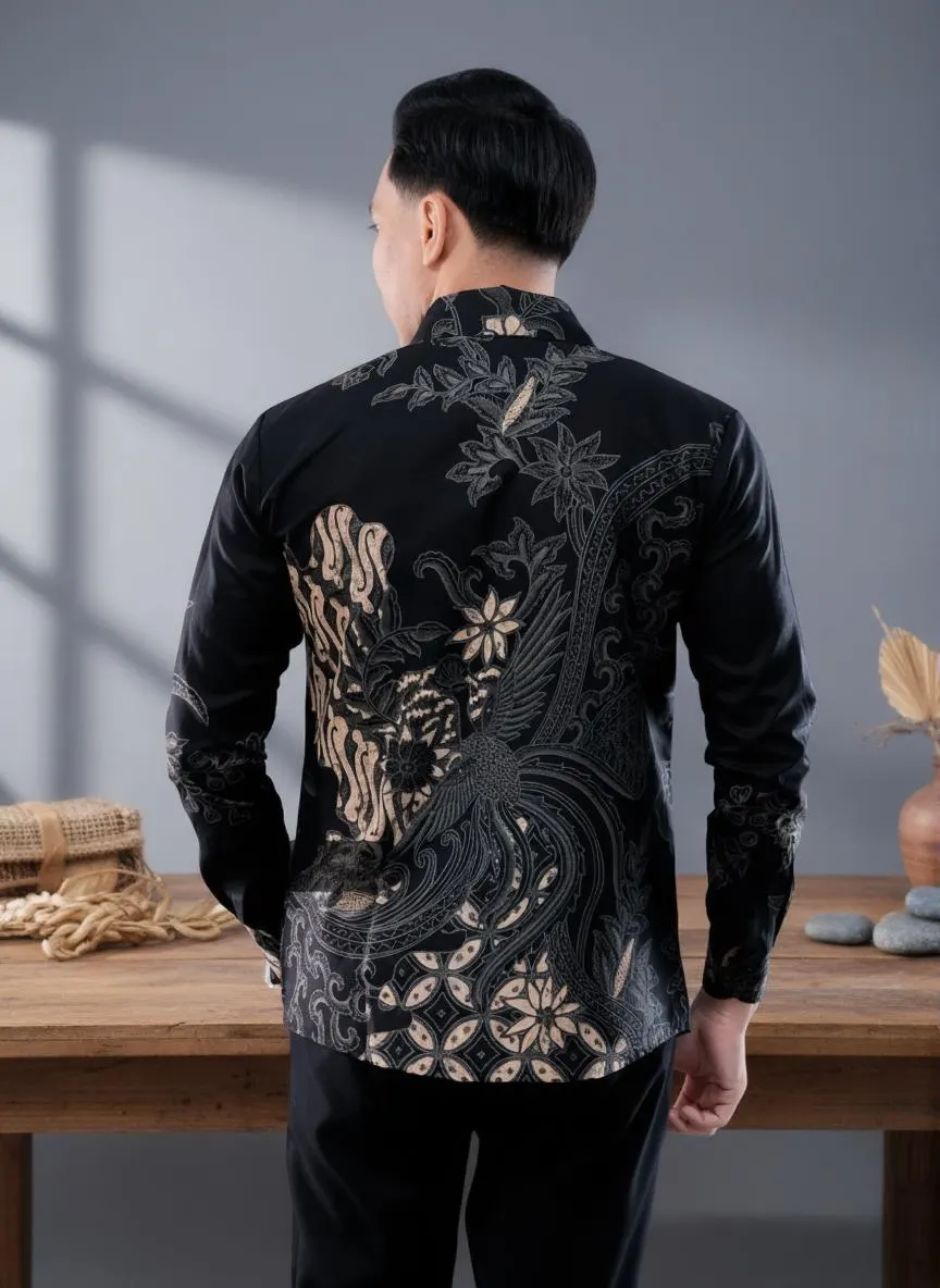 Men's Handmade Batik Shirt - Black Handara Peksi, Javanese Cotton - image 3