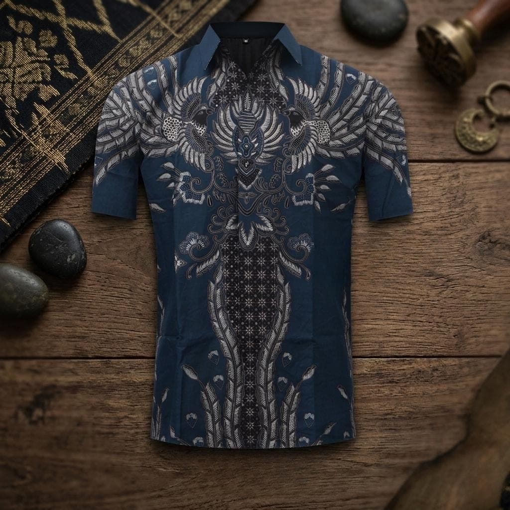 Handmade Indonesian Batik ,Elegant Navy Blue Pattern Cotton Formal Shirt with Lining, Ethnic Gif - image 3
