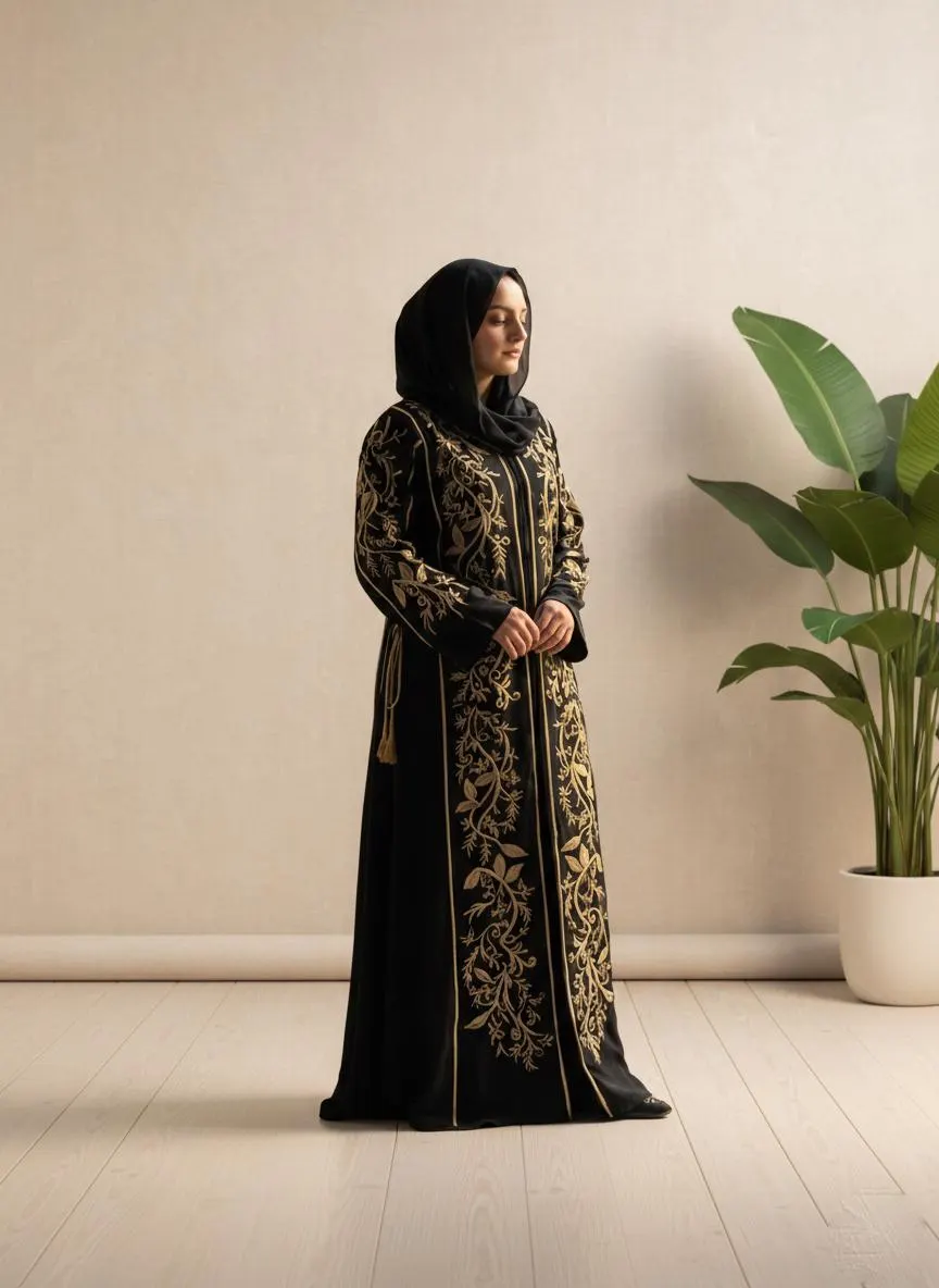 Elegant Black Abaya, Computer Embroidered Gamis, Dubai Kaftan