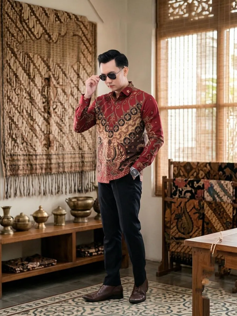 Men's Traditional Red Batik Shirt: Modern Cotton Button-Down, Formal Asian Ethnic Wear - image 4