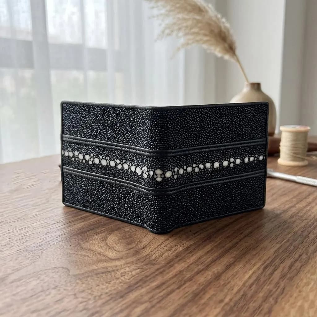 Genuine Stingray Leather Bifold Wallet, Row-Stone Spine Texture, Exotic Pearl Beads (11x9cm) - image 3
