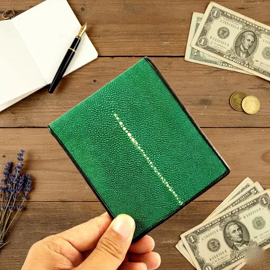 Handmade Green Stingray Leather Bifold Wallet, Exotic Luxury