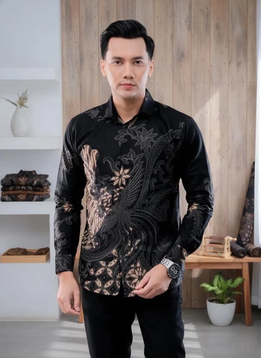 Men's Handmade Batik Shirt - Black Handara Peksi, Javanese Cotton