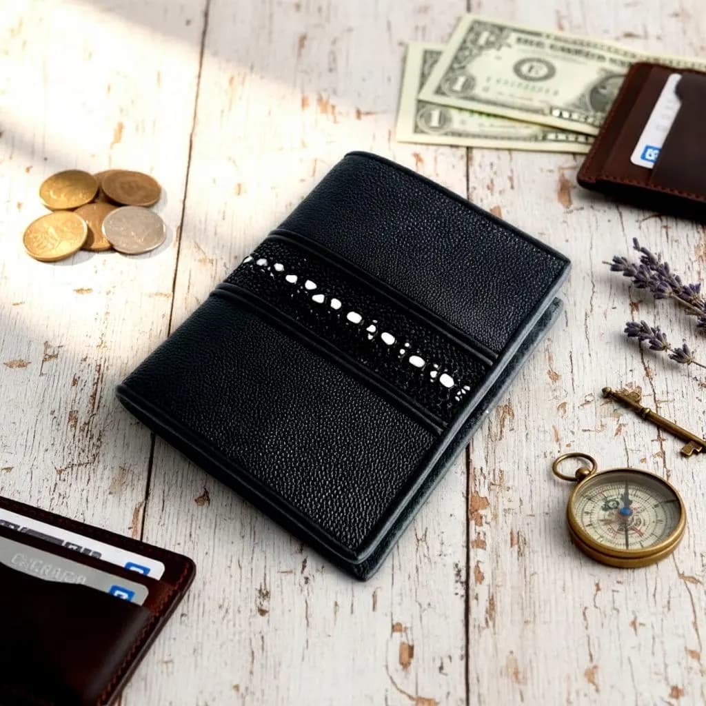 Handmade Stingray Leather Bifold Wallet, Exotic Row Stone