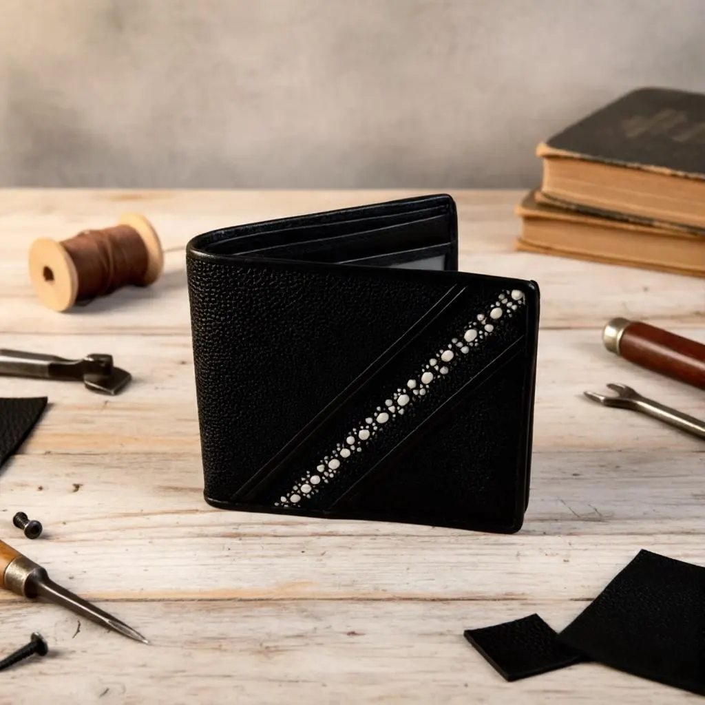 Handmade Stingray Leather Bifold Wallet, Exotic Shagreen, Slim