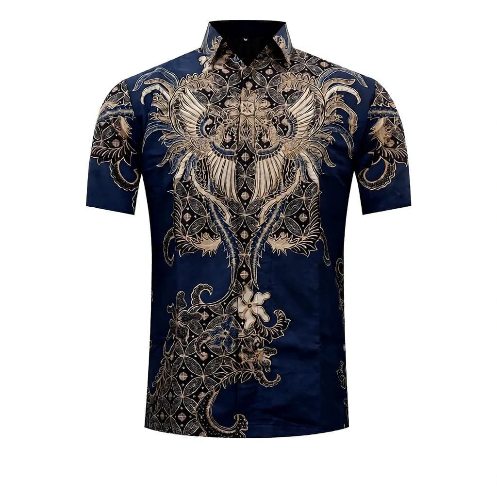 Men's Navy Batik Shirt, Slim Fit Long Sleeve Cotton Top, Nareswara Motif - image 3