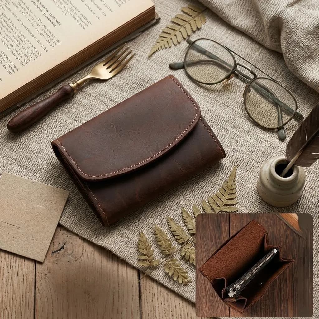 Handmade Crazy Horse Leather Card Holder, Minimalist Vintage Slim Wallet for Men & Women