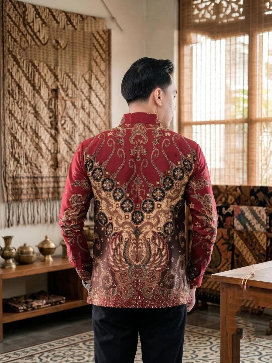 Men's Traditional Red Batik Shirt: Modern Cotton Button-Down, Formal Asian Ethnic Wear - image 3