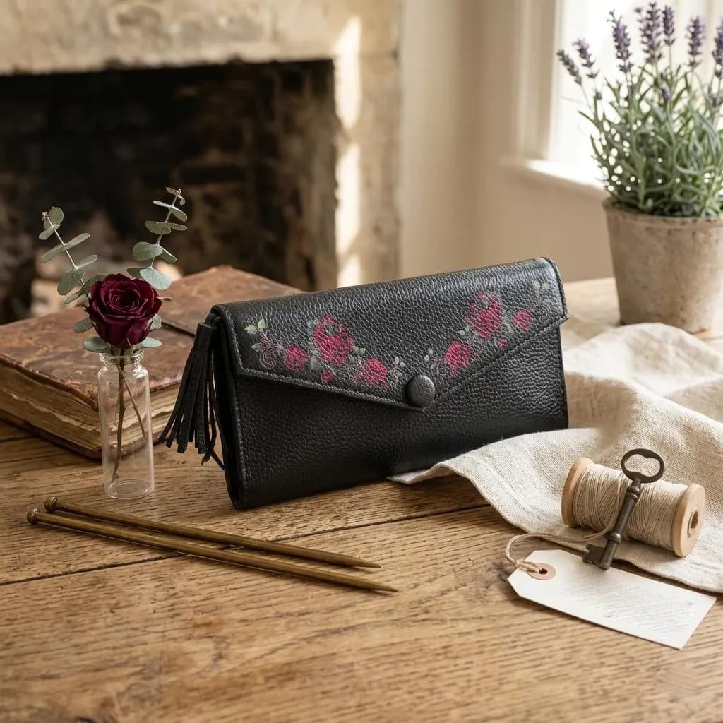 Handmade Genuine Leather Wallet – Embroidered Roses, Slim Bifold Clutch, Minimalist Design