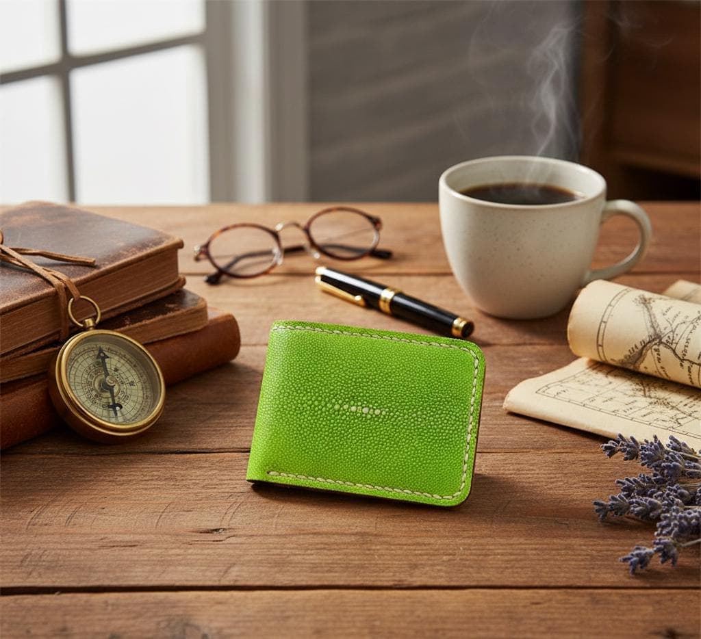 Handmade Green Stingray Leather Bifold Wallet, Luxury Exotic Fish Skin