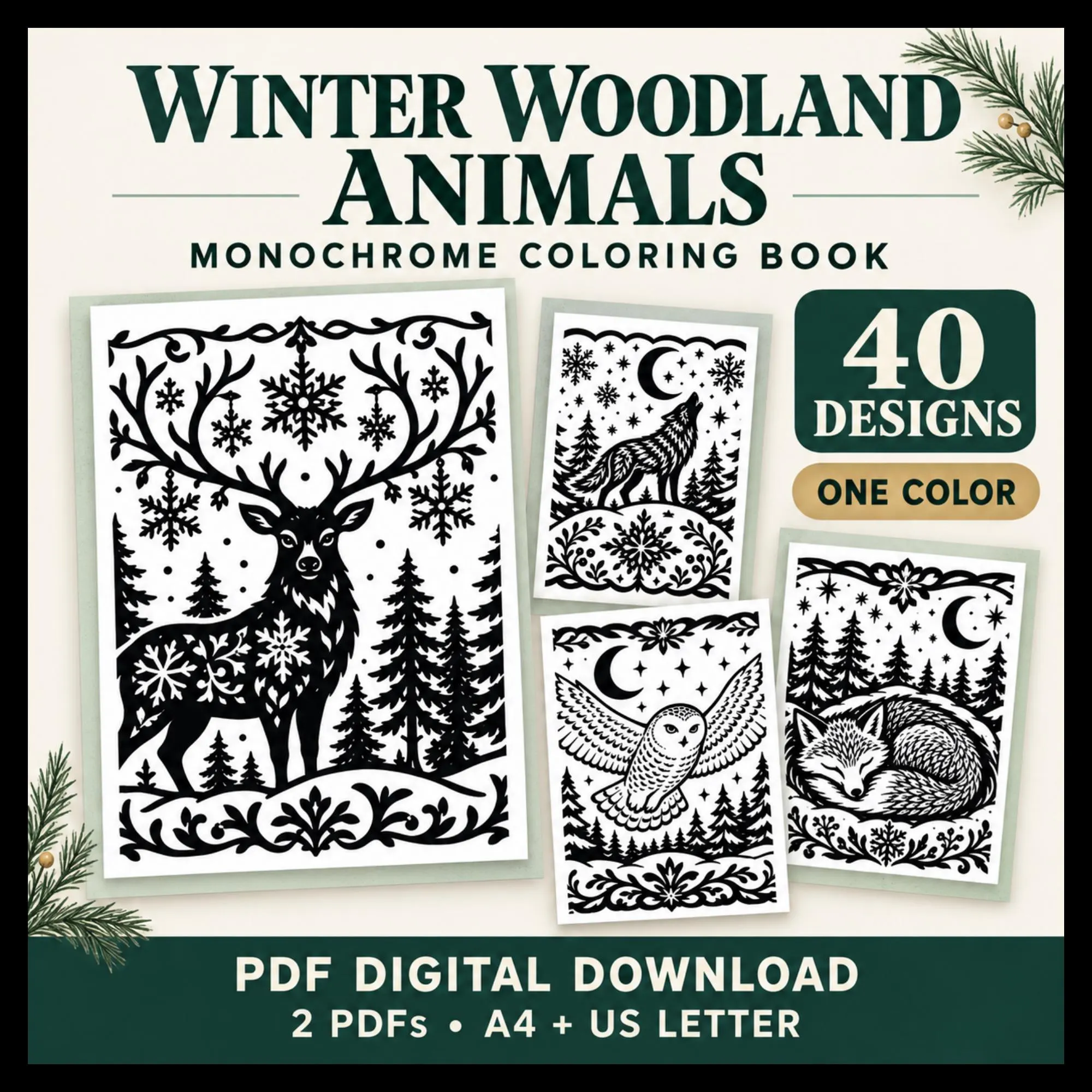 Winter Woodland Animal Coloring Pages for Adults, 40 Monochrome Designs, Printable PDF
