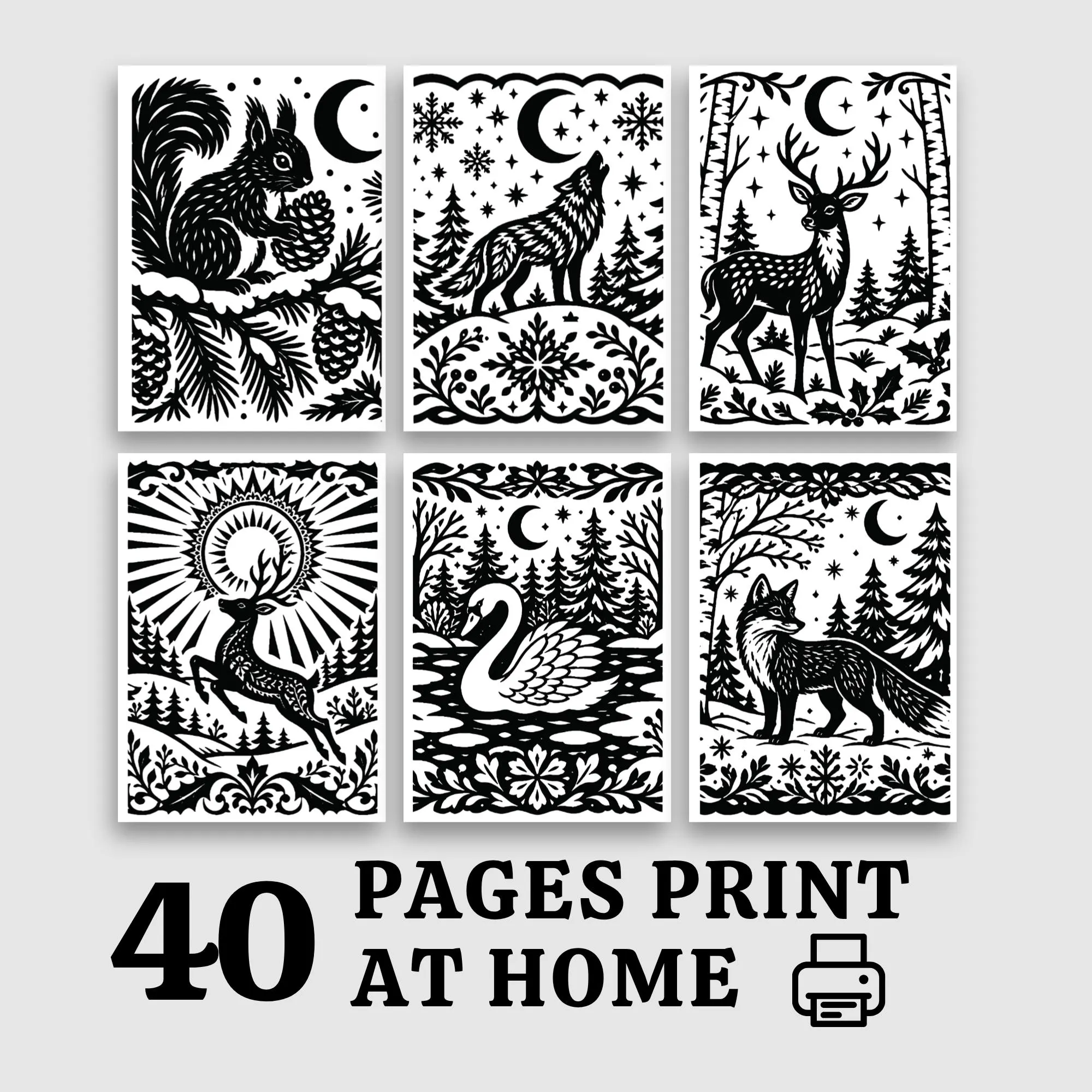 Winter Woodland Animal Coloring Pages for Adults, 40 Monochrome Designs, Printable PDF - image 4