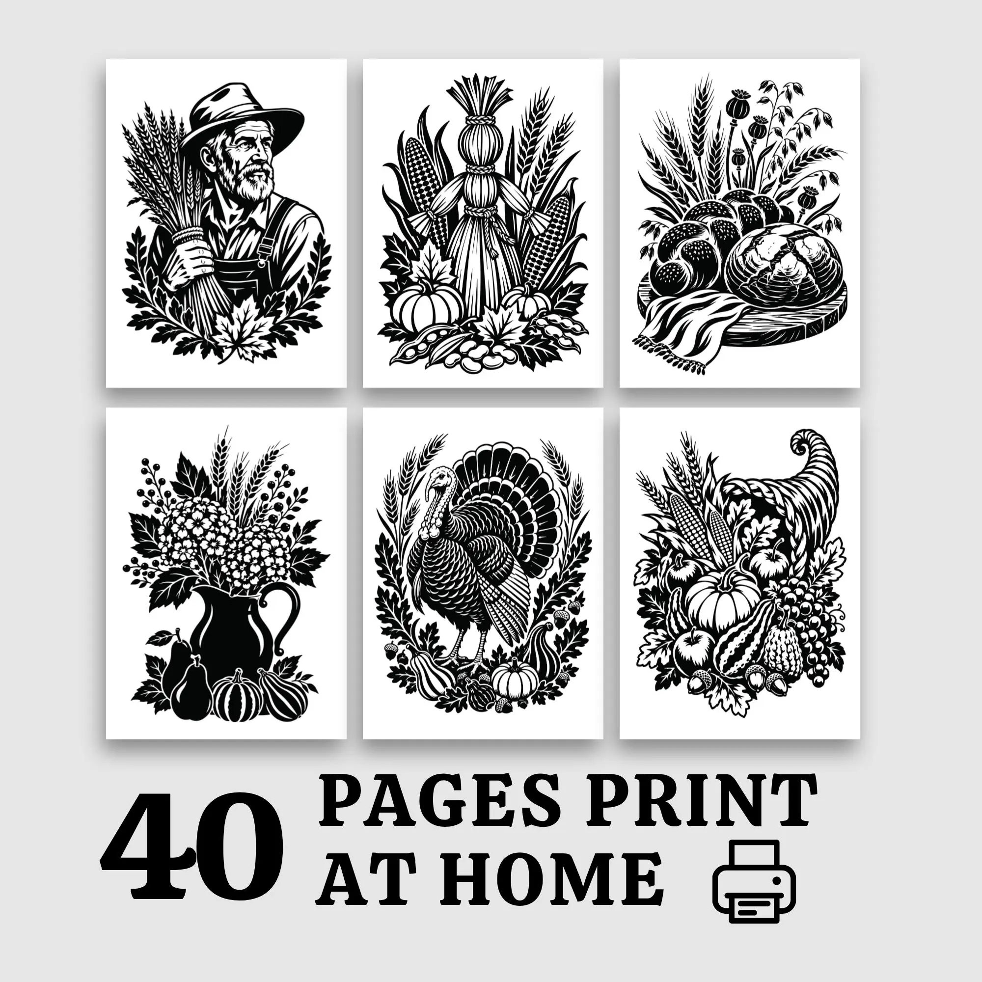 Thanksgiving Monochrome Coloring Book, 40 Harvest One Color Pages, Printable PDF Digital Download - image 3