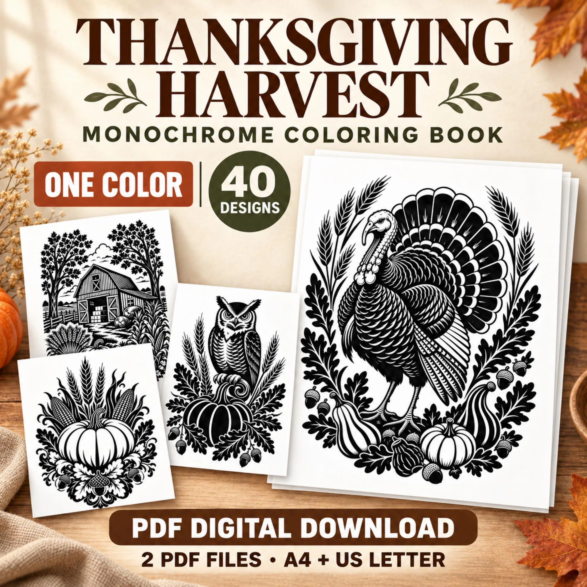Thanksgiving Monochrome Coloring Book, 40 Harvest One Color Pages, Printable PDF Digital Download