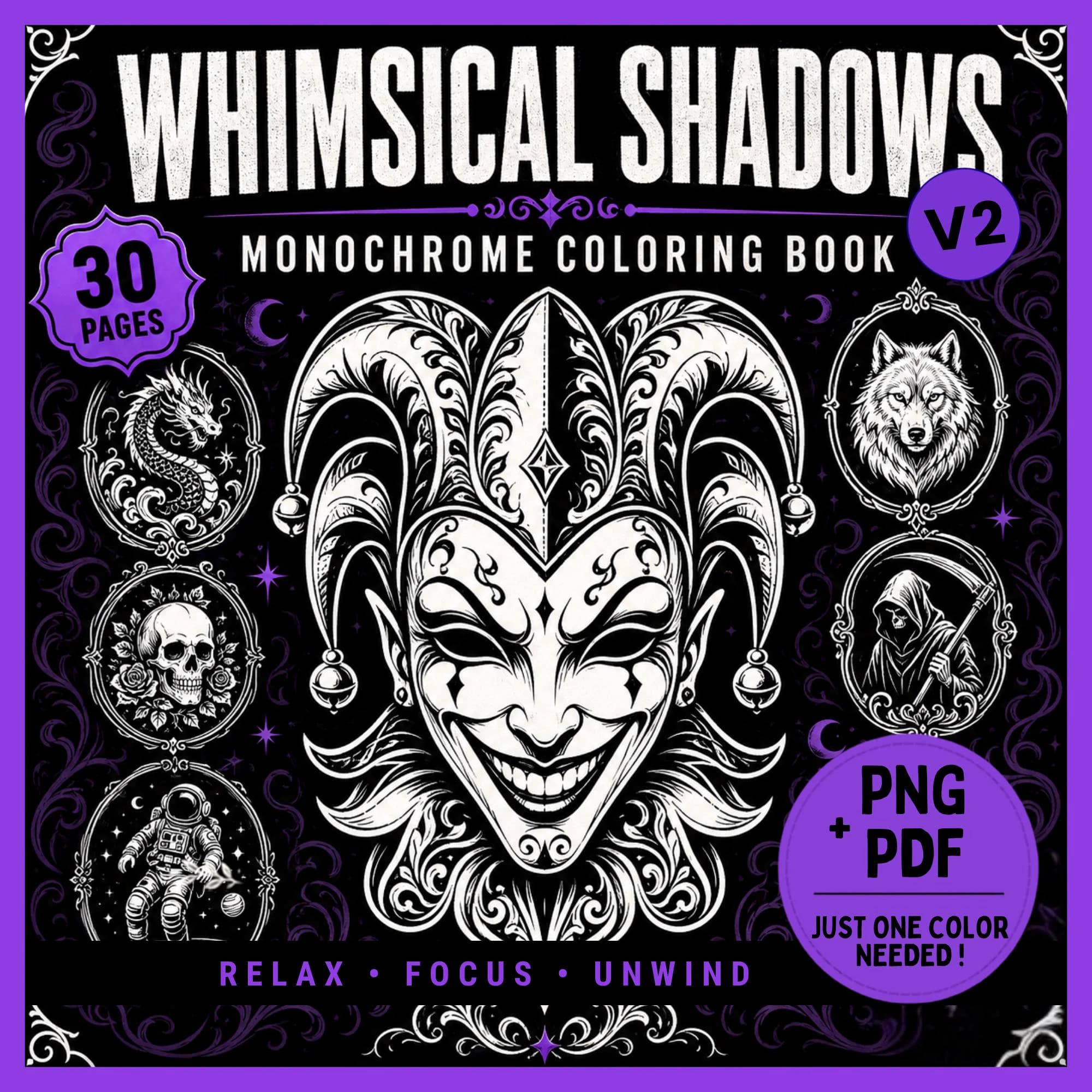 Whimsical Shadows Monochrome Coloring Pages, 30 Printable One Color Designs PDF