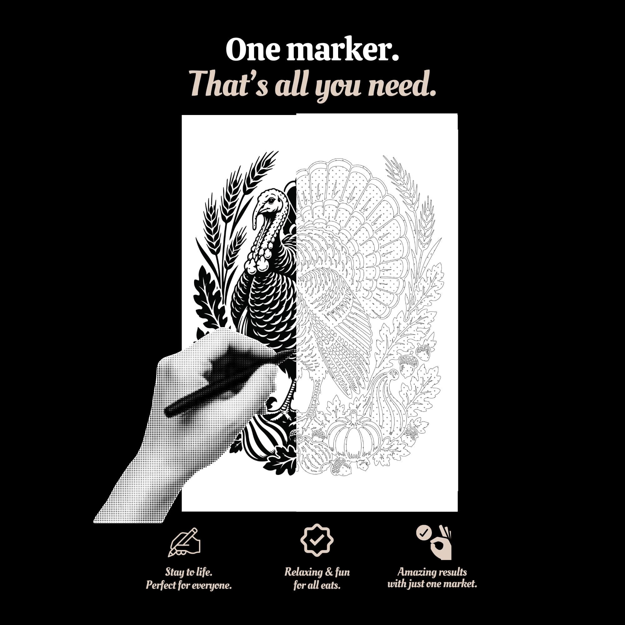 Thanksgiving Monochrome Coloring Book, 40 Harvest One Color Pages, Printable PDF Digital Download - image 4