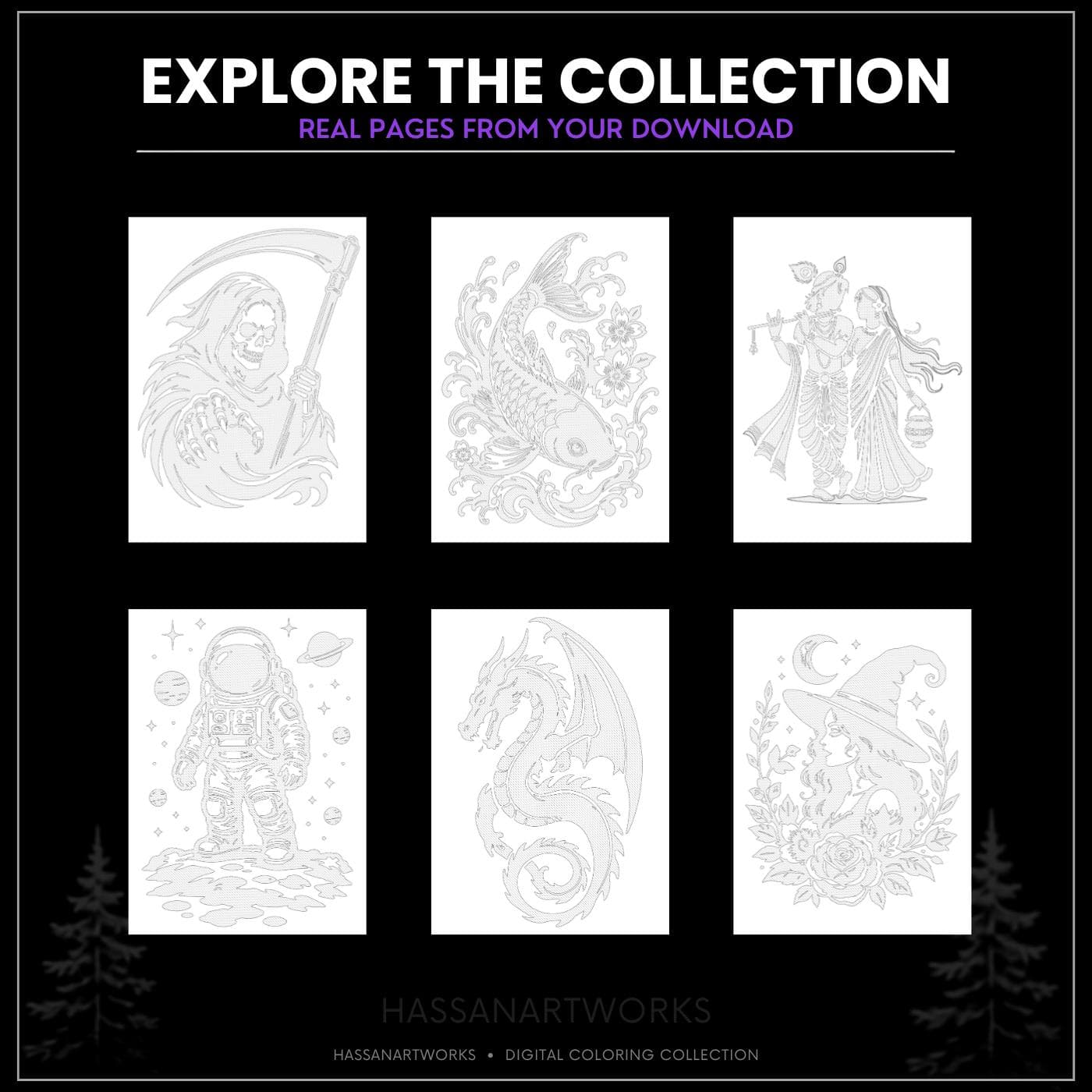 Whimsical Shadows Monochrome Coloring Pages, 30 Printable One Color Designs PDF - image 5