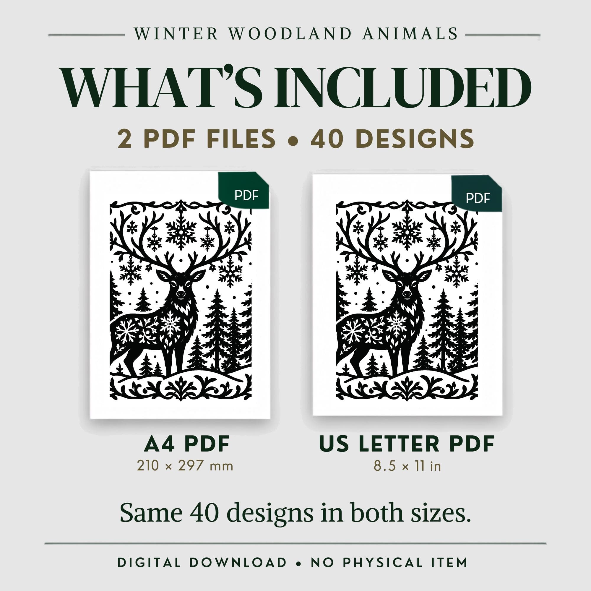 Winter Woodland Animal Coloring Pages for Adults, 40 Monochrome Designs, Printable PDF - image 2