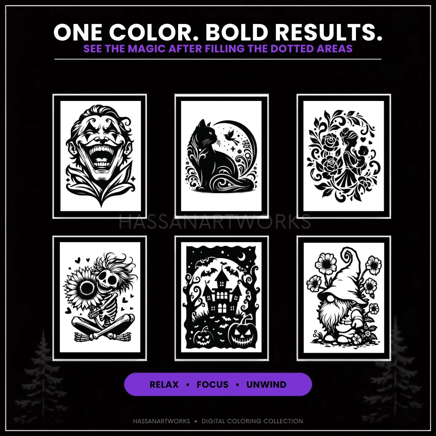 Whimsical Shadows Monochrome Coloring Pages, 30 Printable One Color Designs PDF - image 3