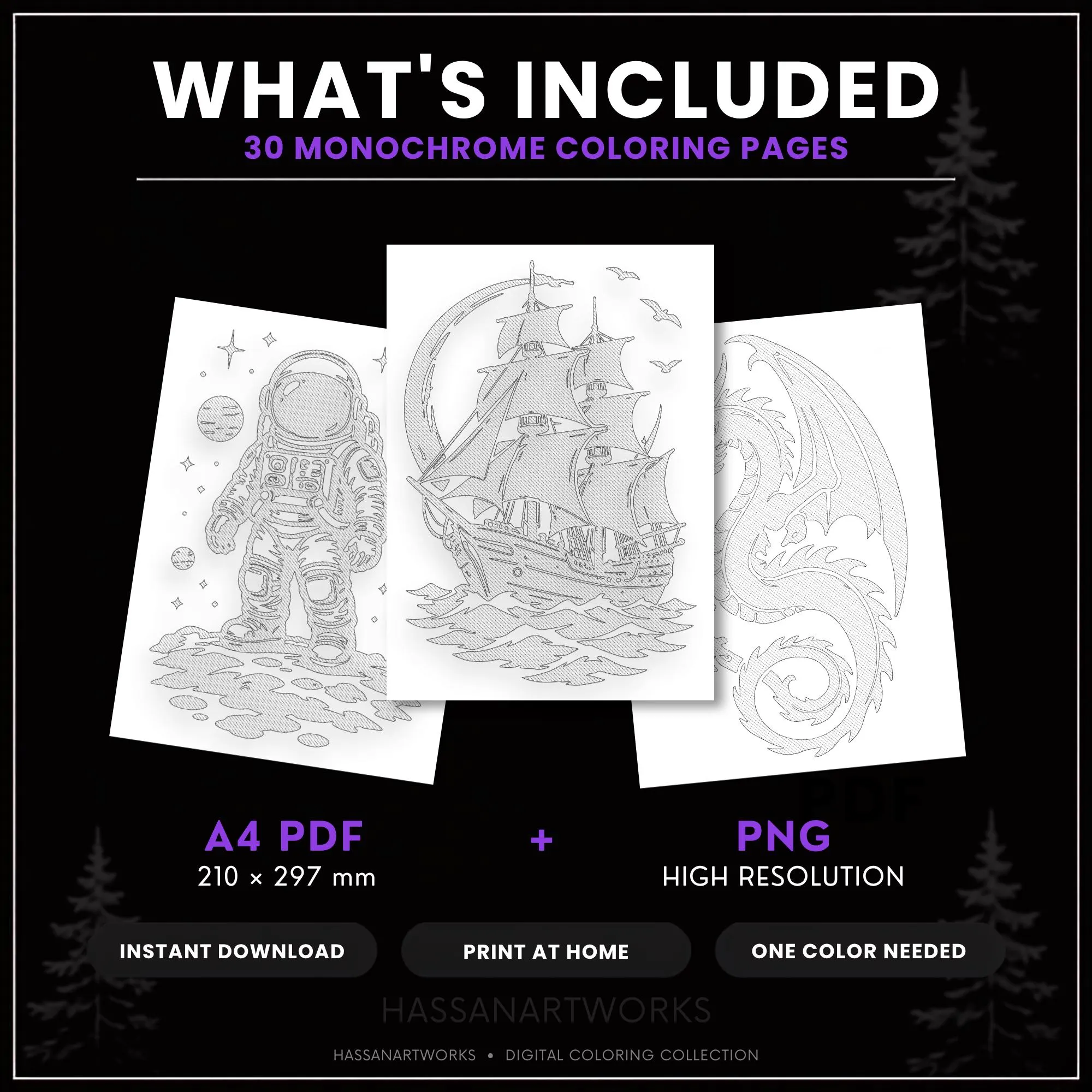 Whimsical Shadows Monochrome Coloring Pages, 30 Printable One Color Designs PDF - image 2