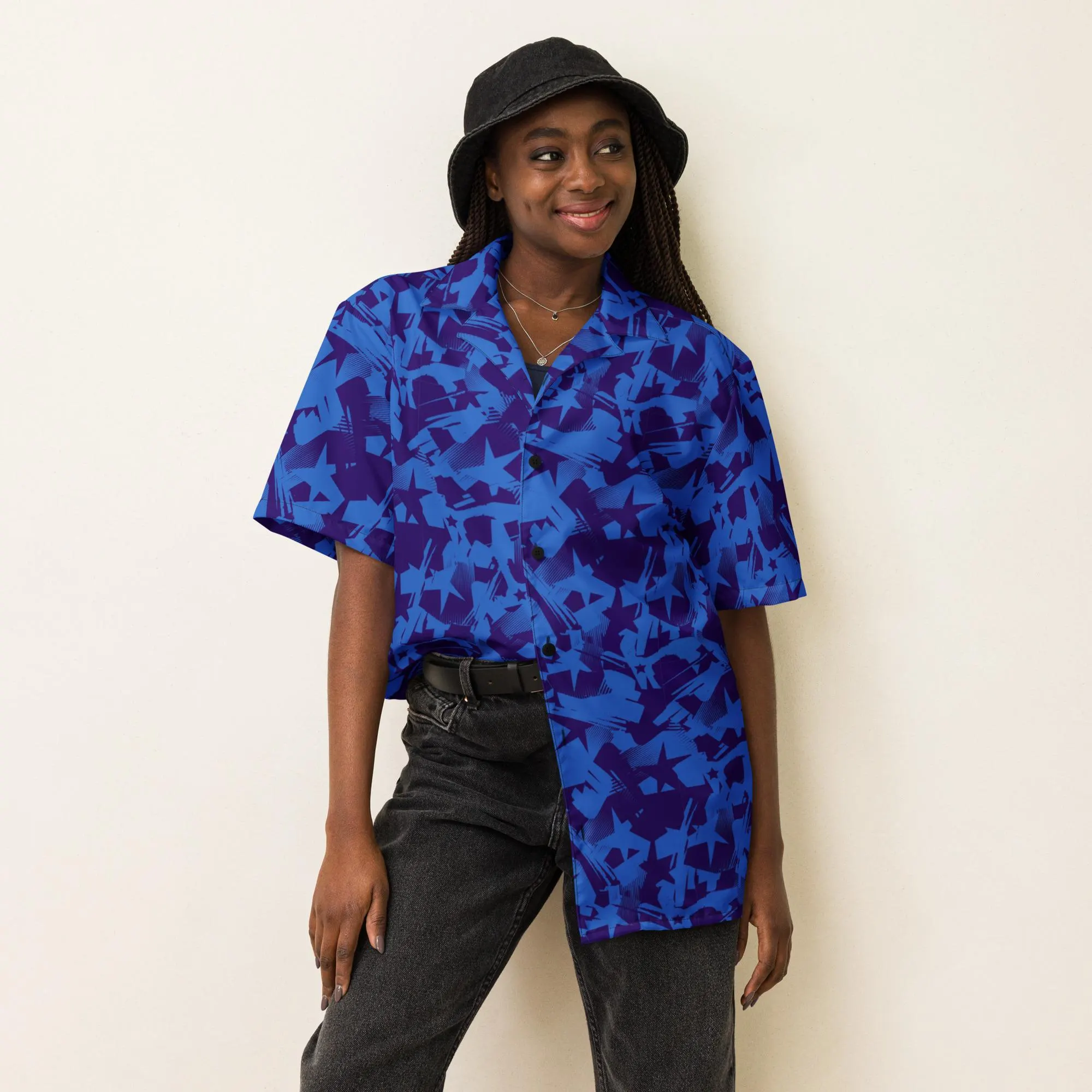 Blue Stars Print Button Shirt Patriotic Top for Independence Day