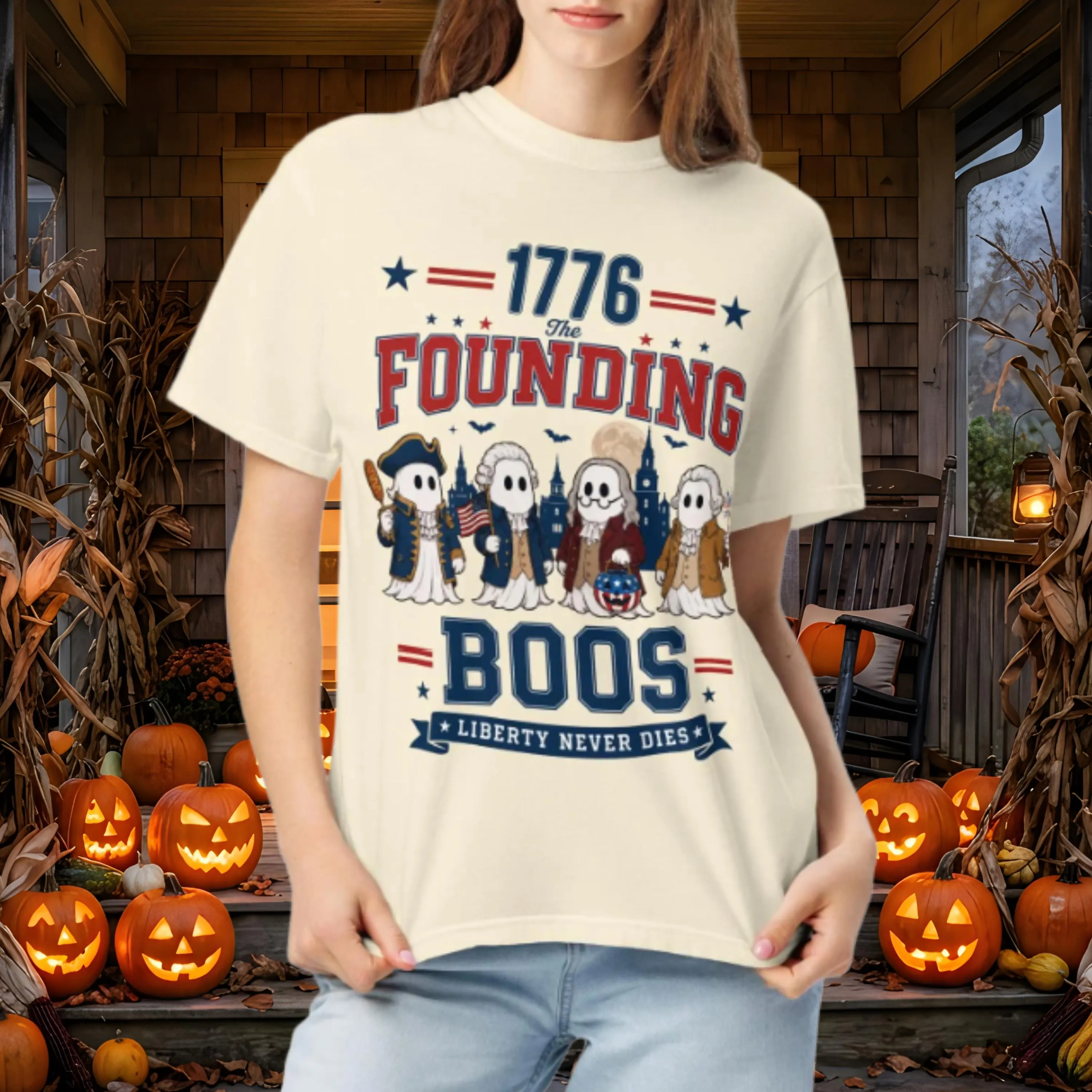 Patriotic Halloween T-Shirt Garment-dyed Heavyweight Ghost Tee for Fall