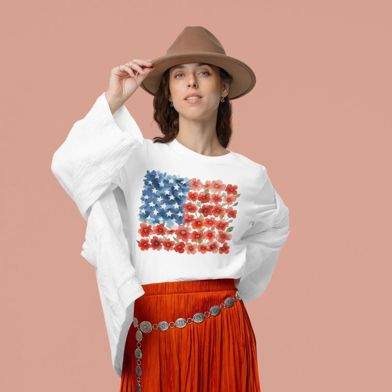 Women’s July 4th Tee Independence Day T-Shirt Fourth of July Shirt Floral Boho Bohemian Semi-Fitted