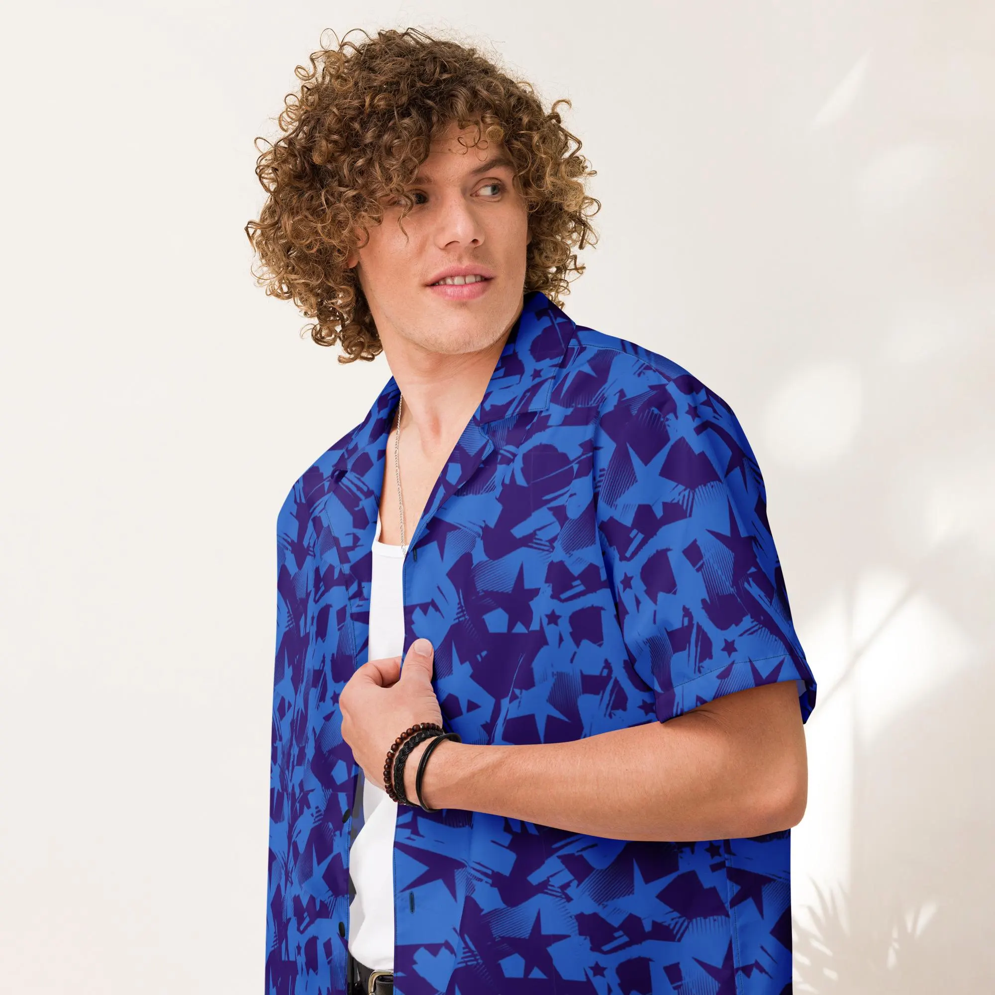 Blue Stars Print Button Shirt Patriotic Top for Independence Day