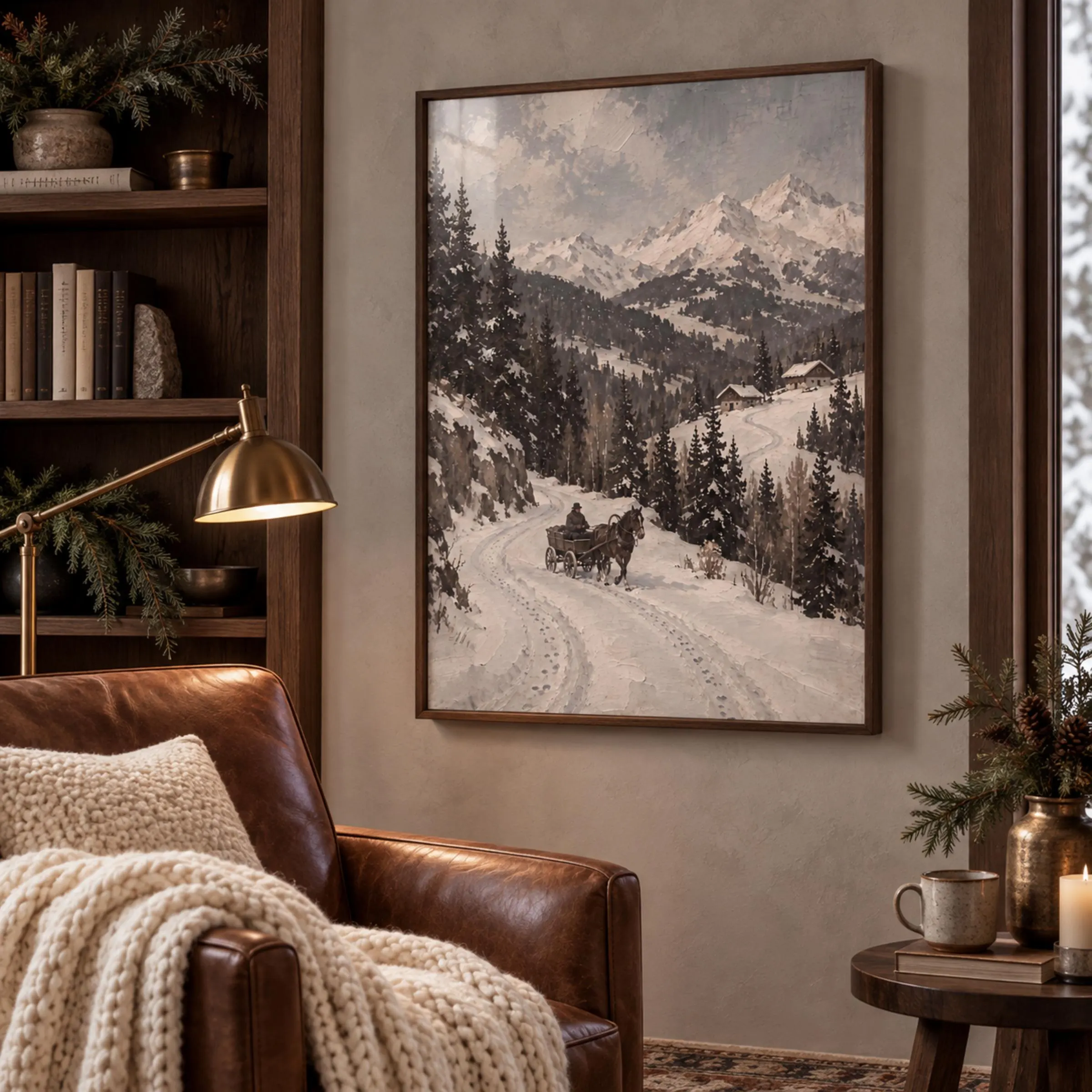 Winter Mountain Printable Wall Art, Horse and Wagon Scene, Rustic Cabin Decor Digital Download - image 5