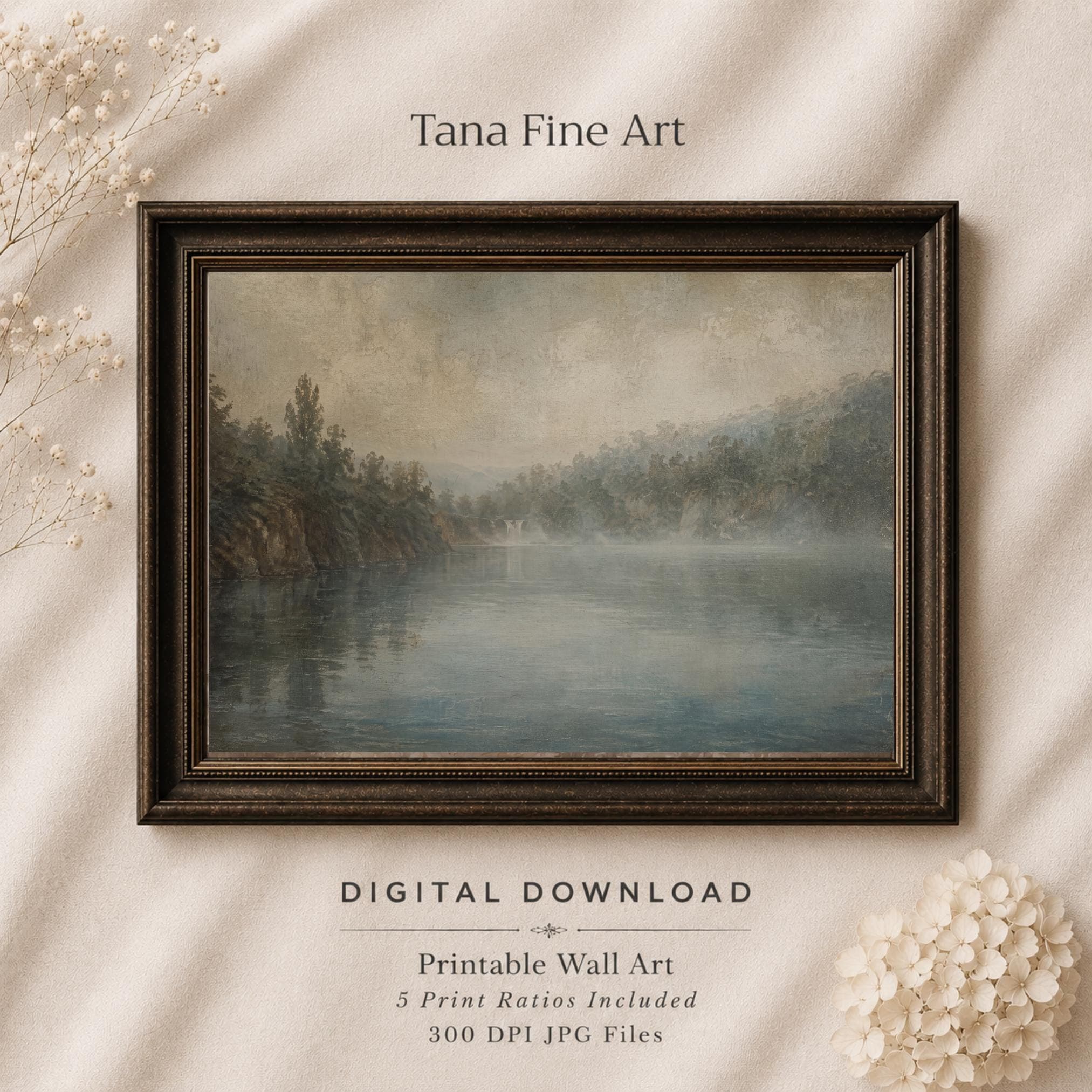 Moody Lake Printable Wall Art, Vintage Waterfall Landscape Bedroom Decor Digital Download