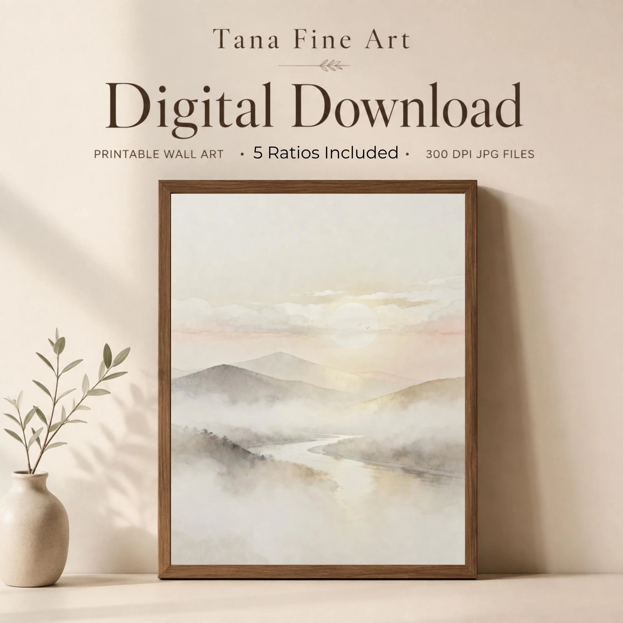 Neutral Mountain River Printable Wall Art, Misty Watercolor Landscape, Japandi Decor Digital Download