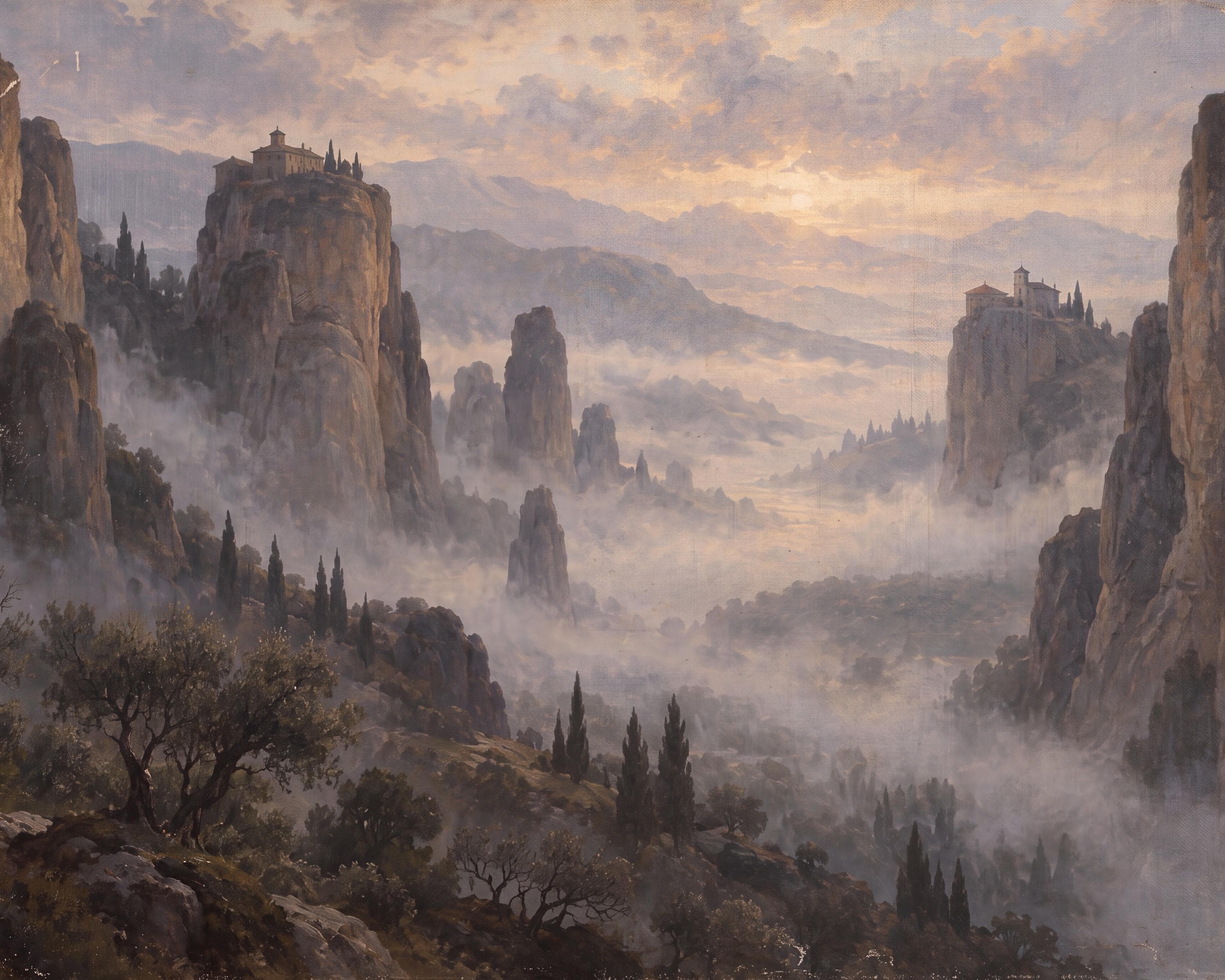 Vintage Misty Mountain Wall Art, Cliffside Monastery Landscape, Ethereal Valley, Rustic Mediterranean Digital Download - image 3