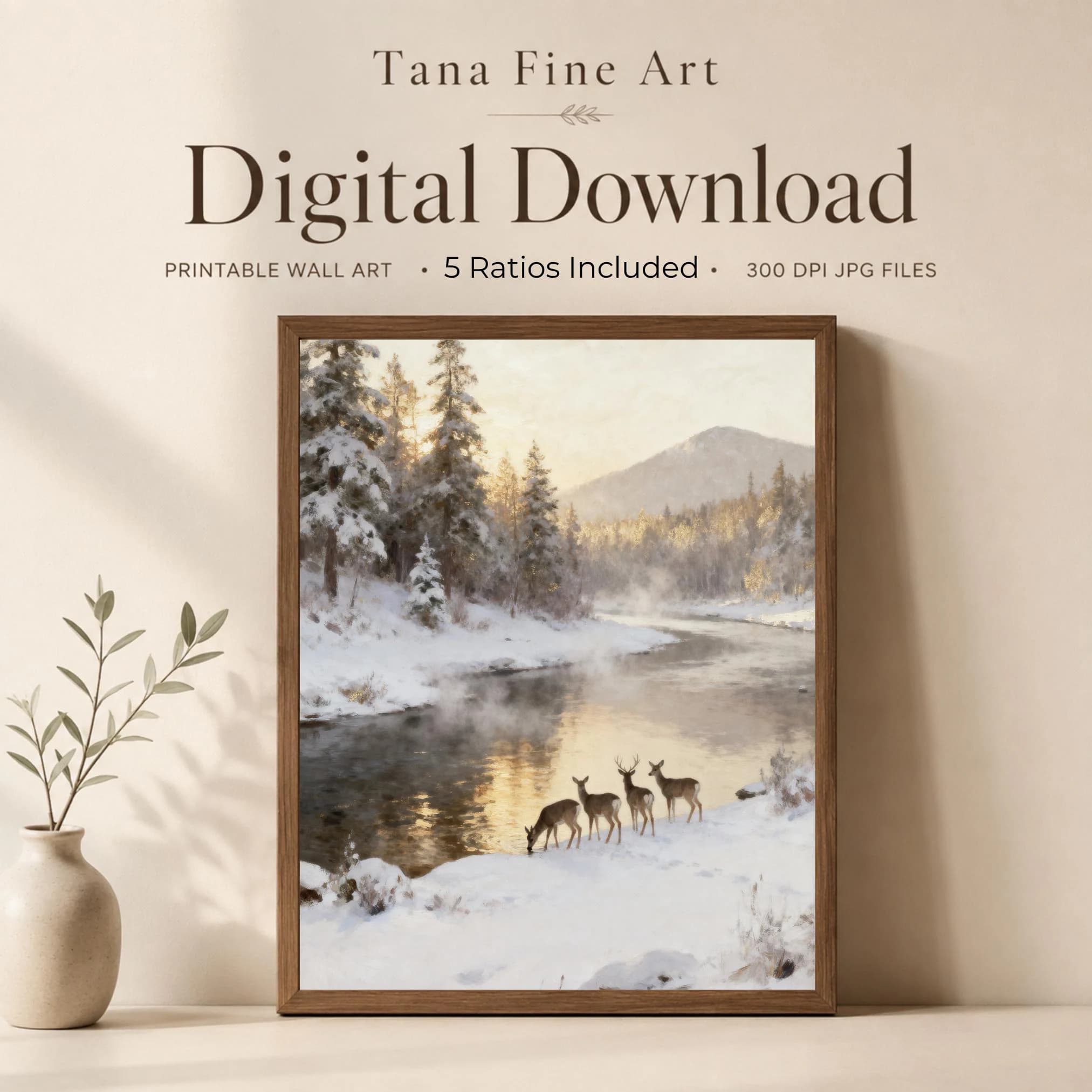 Winter Deer Printable Wall Art, Snowy River Landscape, Rustic Woodland Decor Digital Download
