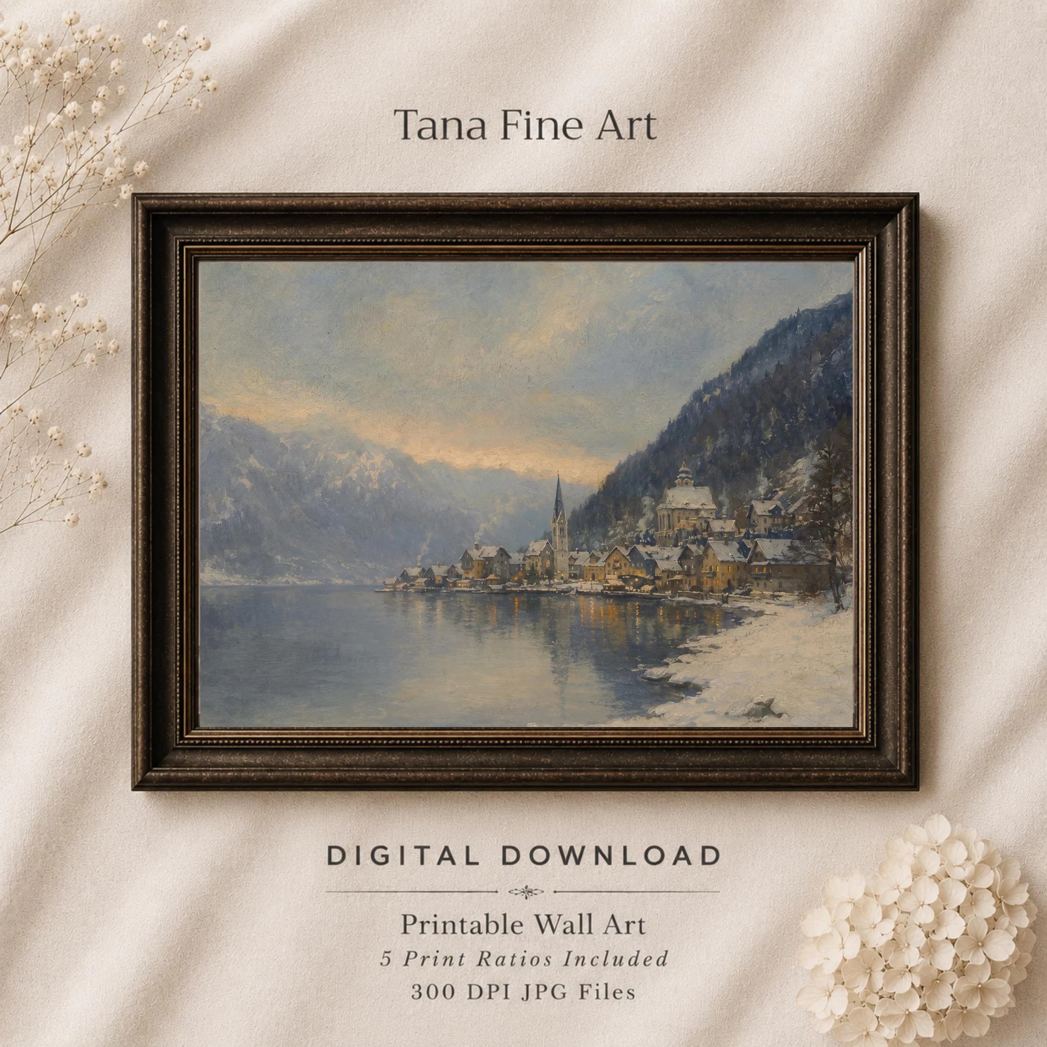 Winter Village Wall Art | Hallstatt Austria Inspired Lake Scene | Printable Digital Download