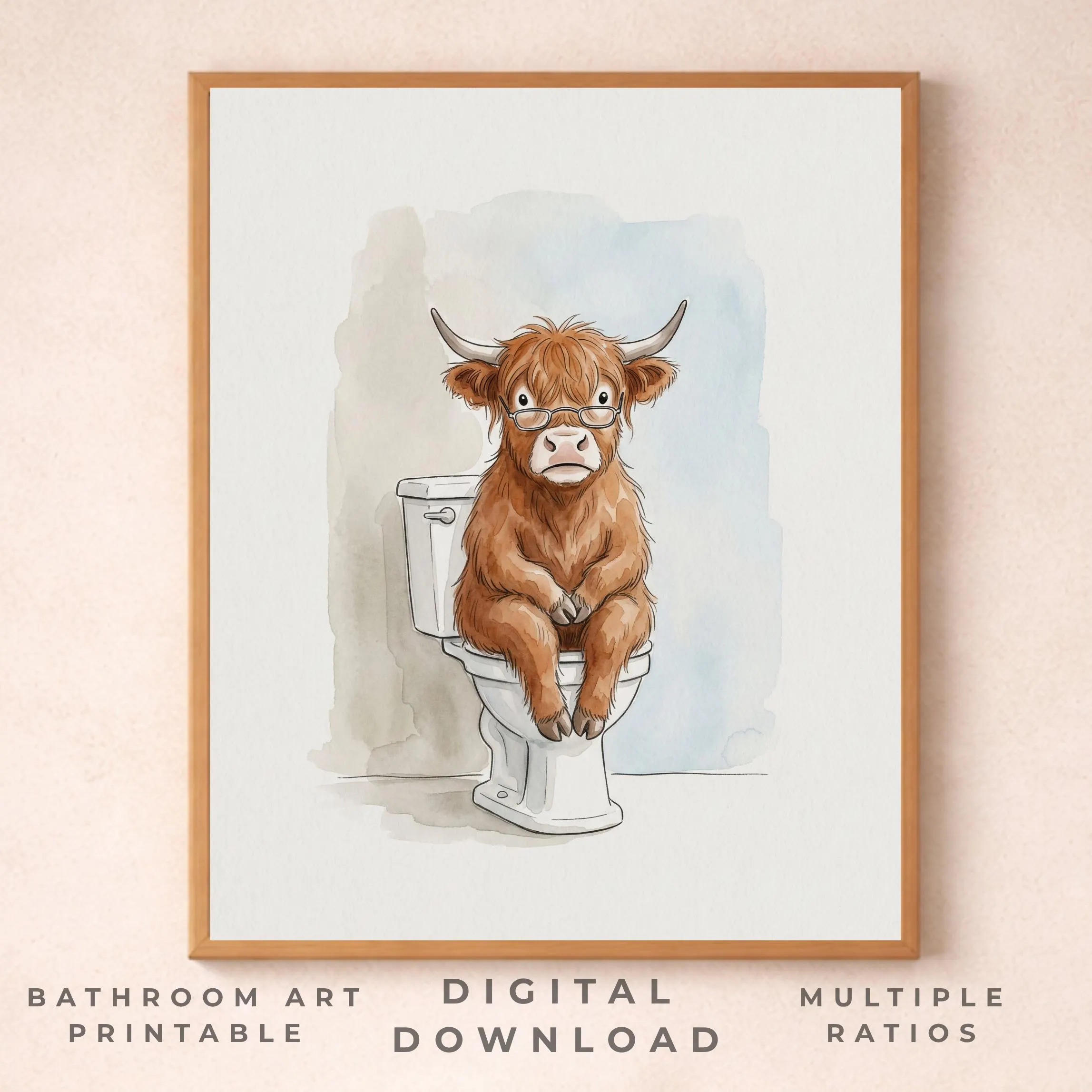 Printable Funny Highland Cow Bathroom Wall Art | Whimsical Cow on Toilet Decor (Digital Download)