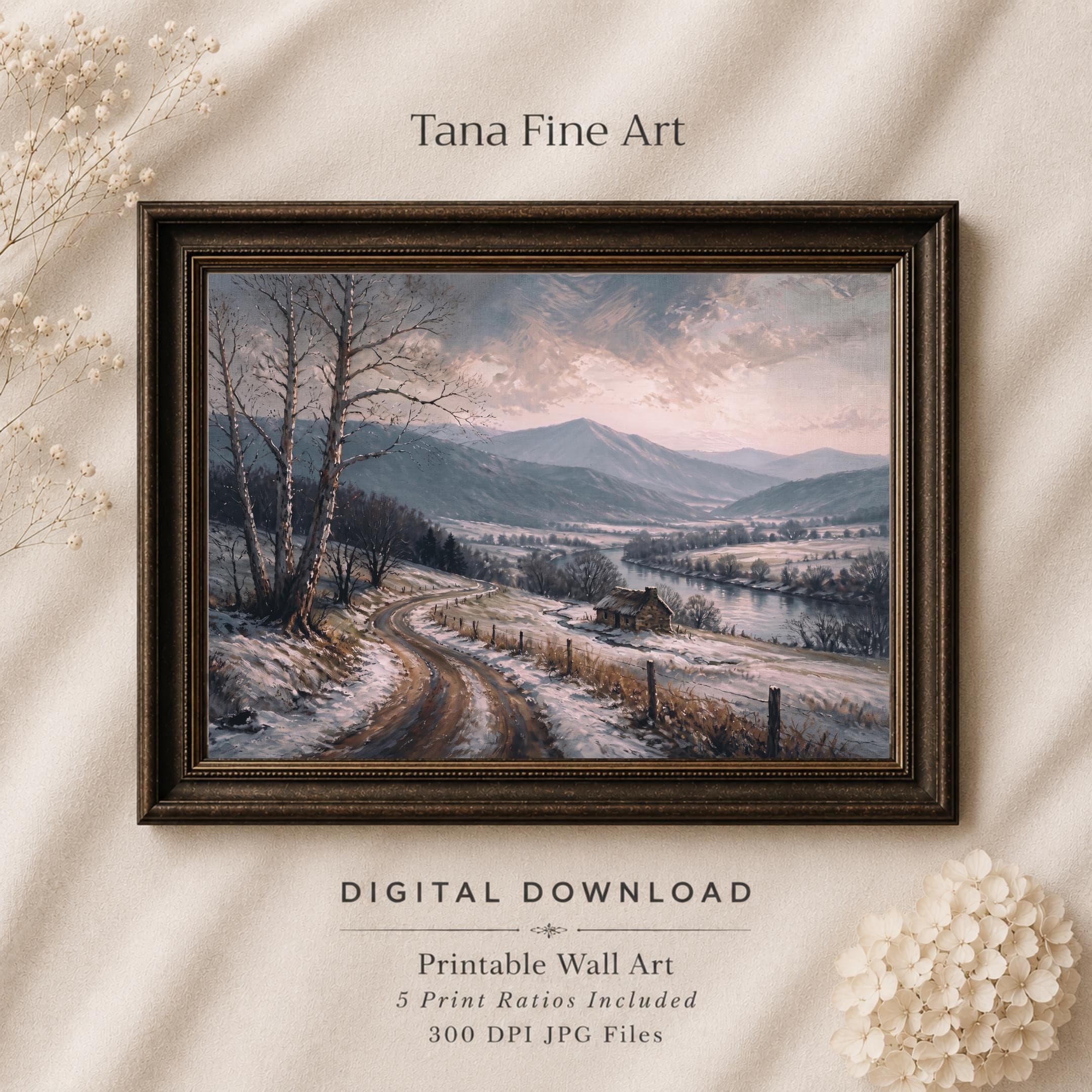 Winter Landscape Wall Art Prints | Snowy River Valley Print | Printable Digital Download