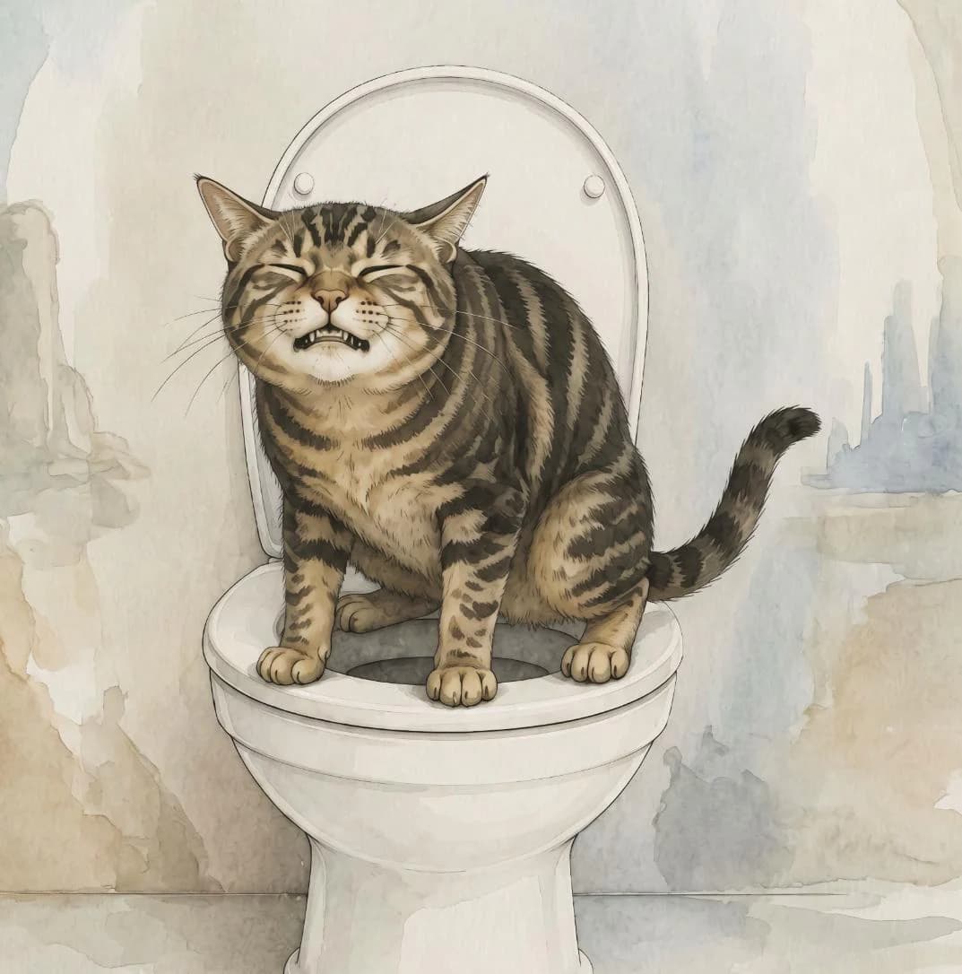 Funny Cat Bathroom Wall Art, Tabby Cat Toilet Print, Watercolor Style Decor Digital Download